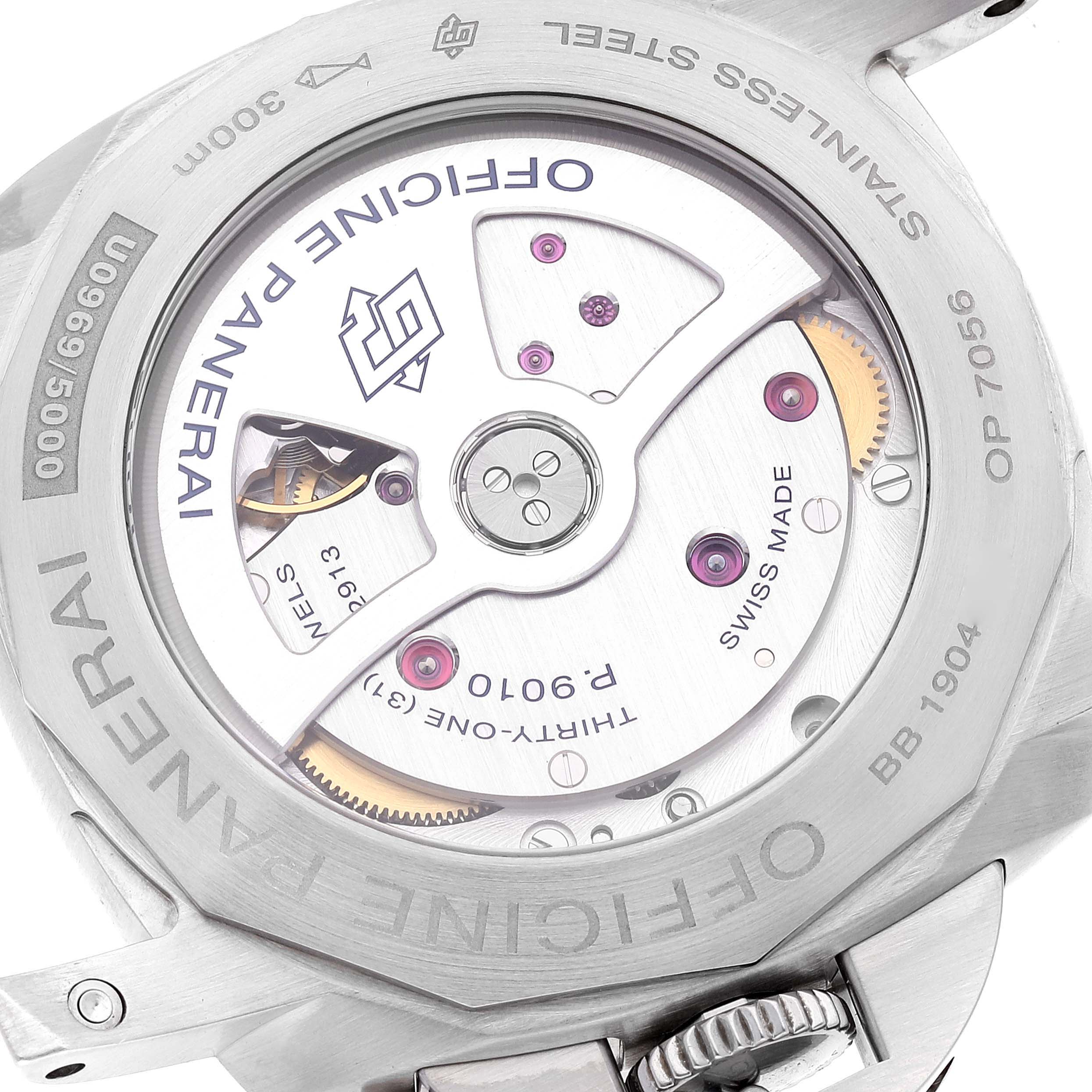 This image shows the back view of the Panerai Luminor PAM01392 Men's Stainless Steel Black Dial PAM01392 Men's Stainless Steel Black Dial watch, revealing the movement mechanism and case back.