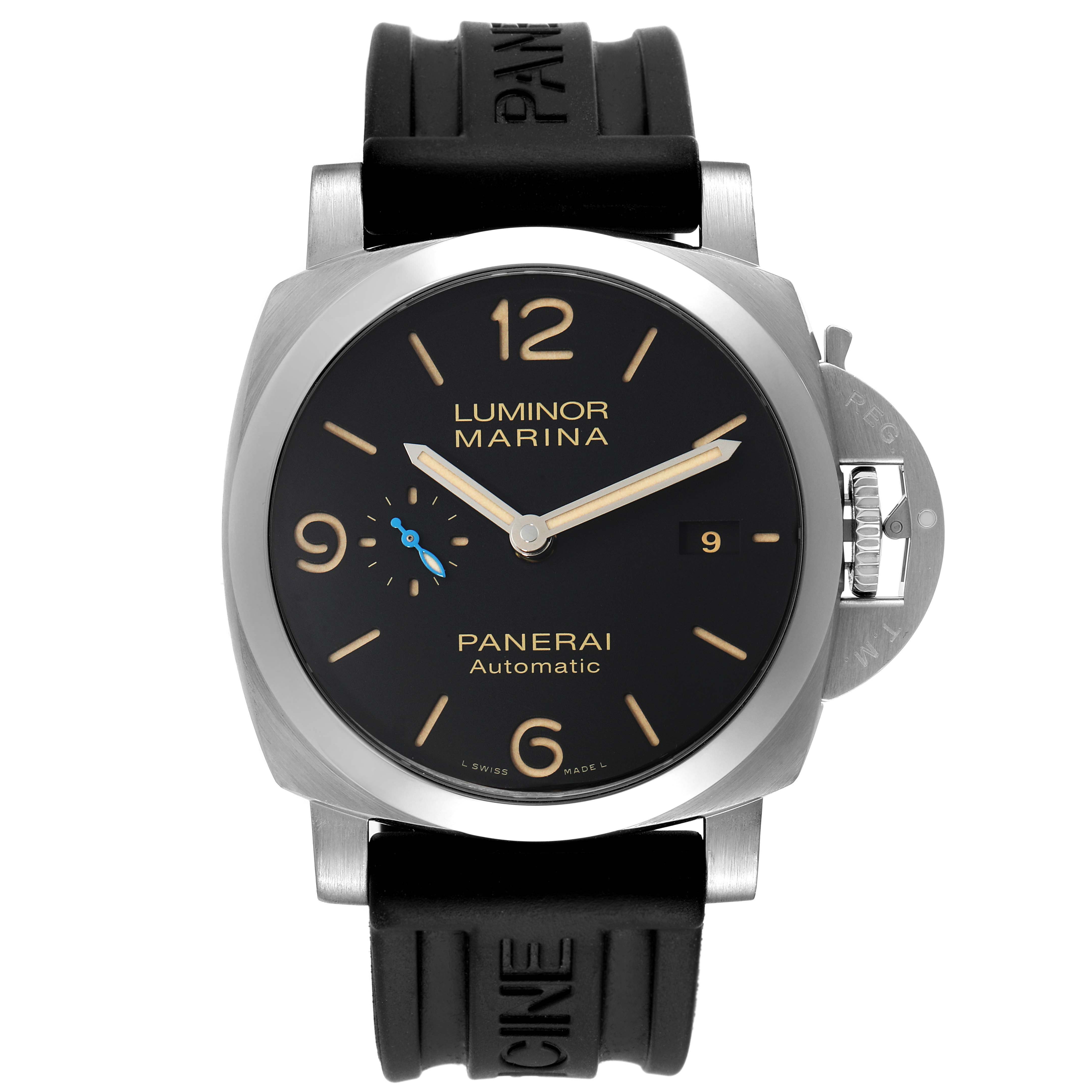 This Panerai Luminor PAM01392 Men's Stainless Steel Black Dial PAM01392 Men's Stainless Steel Black Dial watch is shown from a front angle, highlighting its face, dial, and strap.