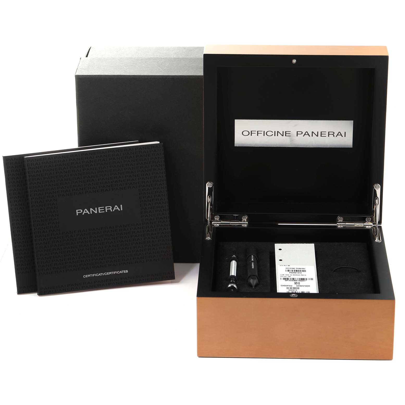 The image shows the open box and accessories for a Panerai Luminor PAM01392 Men's Stainless Steel Black Dial PAM01392 Men's Stainless Steel Black Dial watch, including booklets, a tool, and a tag.