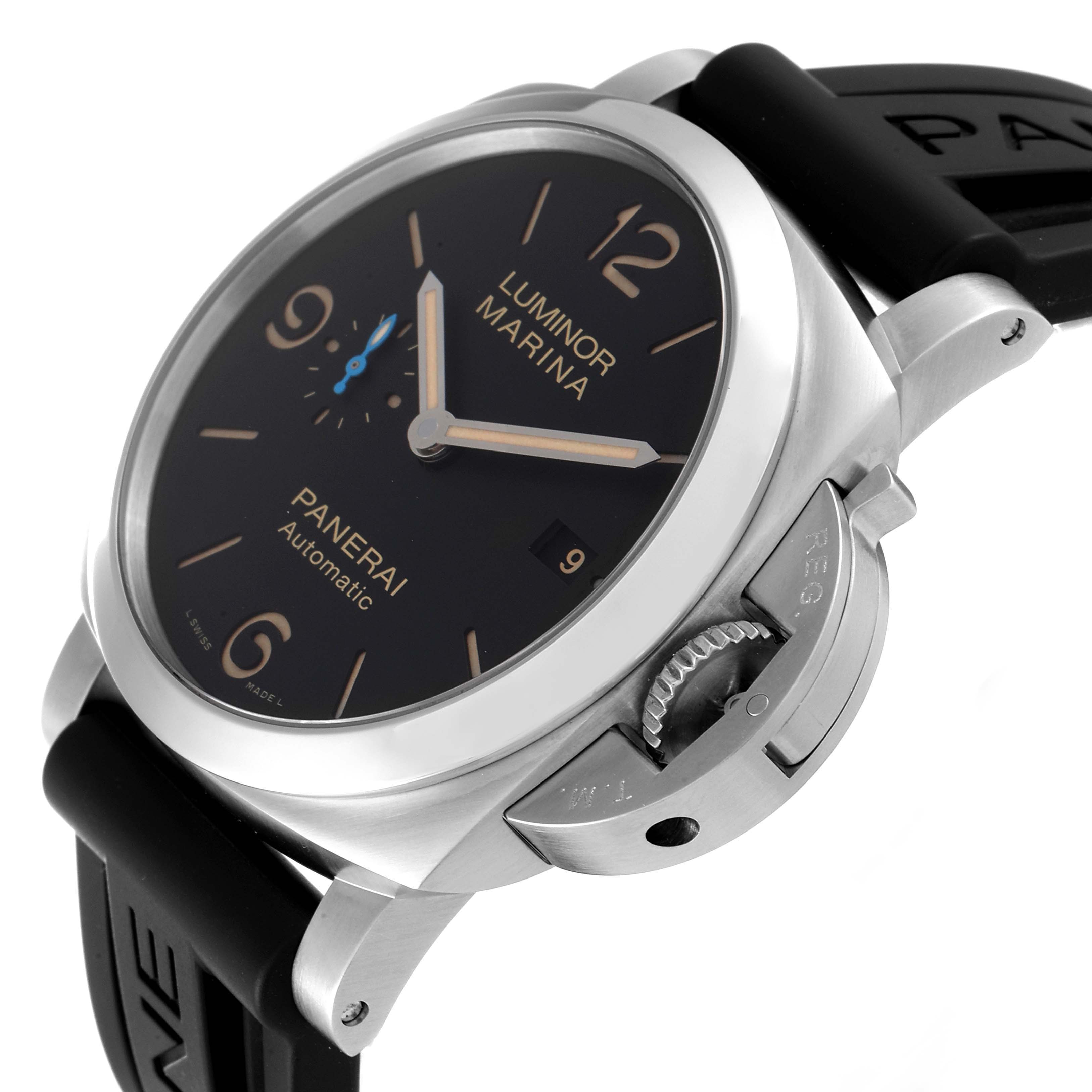 The image shows a side angle of the Panerai Luminor PAM01392 Men's Stainless Steel Black Dial PAM01392 Men's Stainless Steel Black Dial watch, highlighting its dial, bezel, crown guard, and rubber strap.