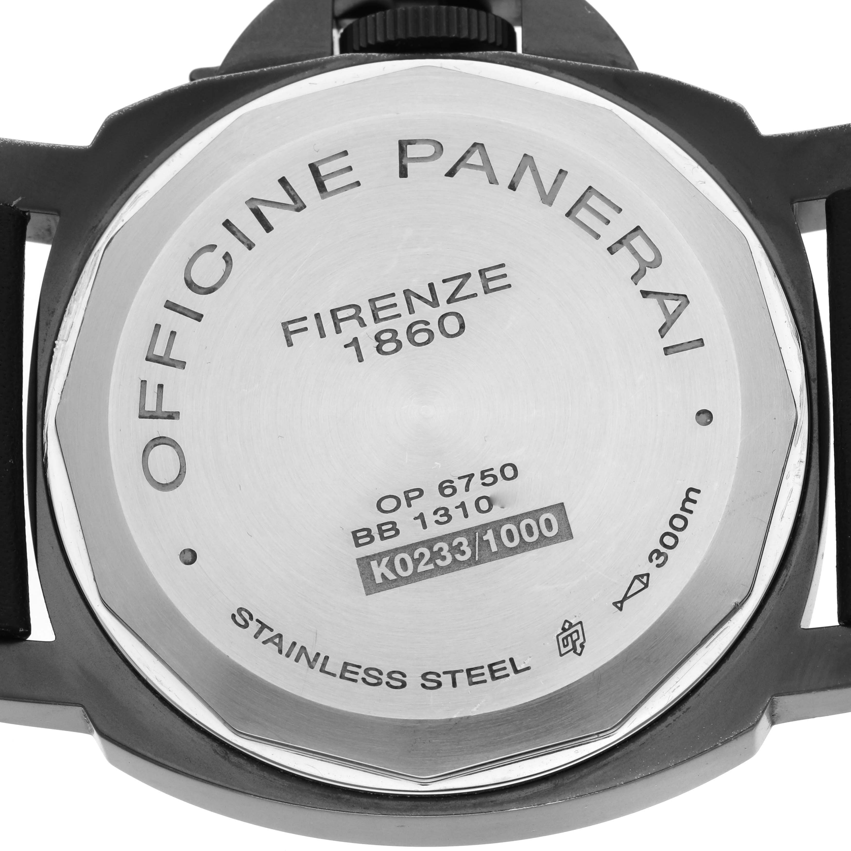 The image shows the back of a Panerai Luminor PAM00026 Men's Stainless Steel Black Dial PAM00026 Men's Stainless Steel Black Dial watch, displaying its inscriptions and stainless steel case.