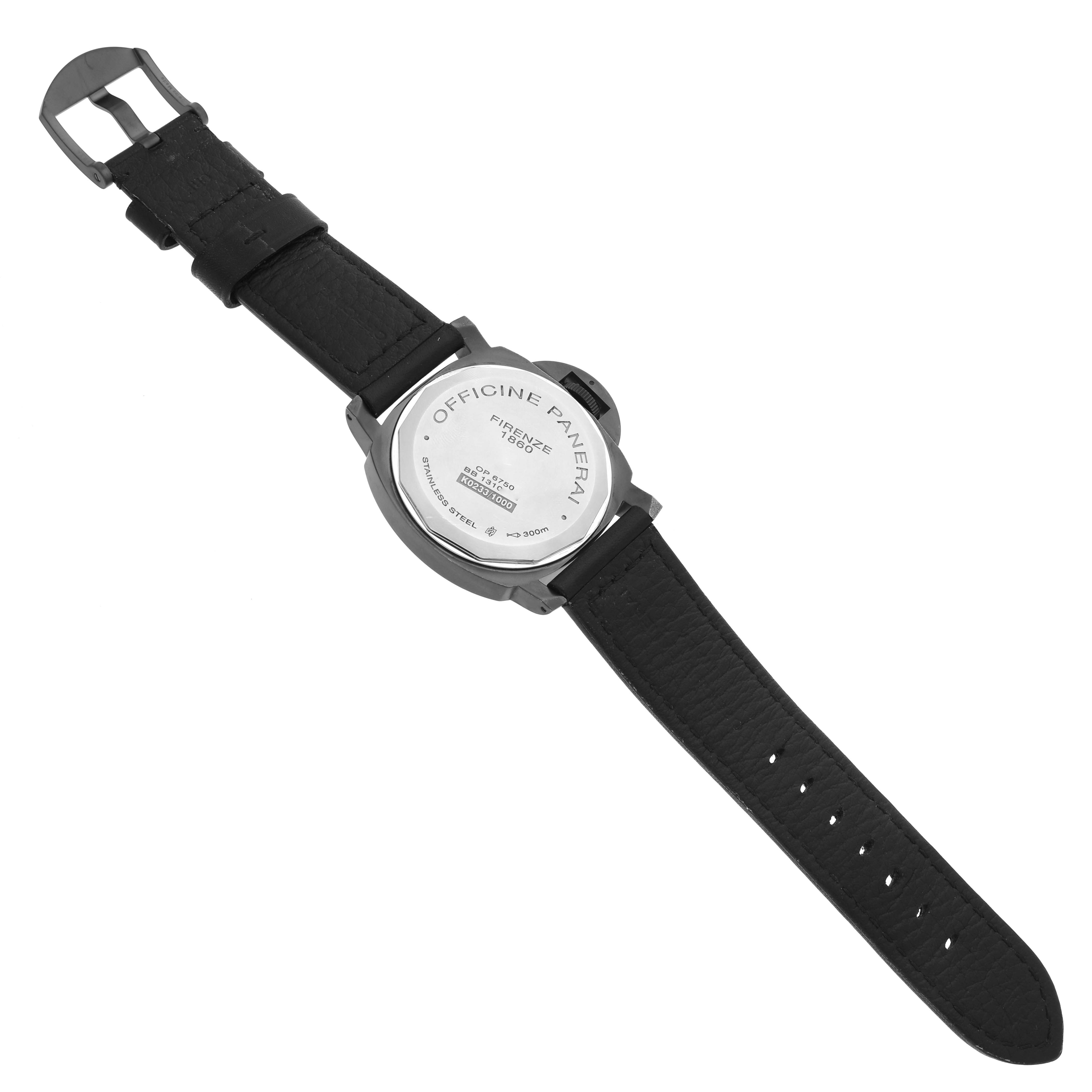 The image shows the back view of the Panerai Luminor PAM00026 Men's Stainless Steel Black Dial PAM00026 Men's Stainless Steel Black Dial watch, displaying the case back and leather strap.