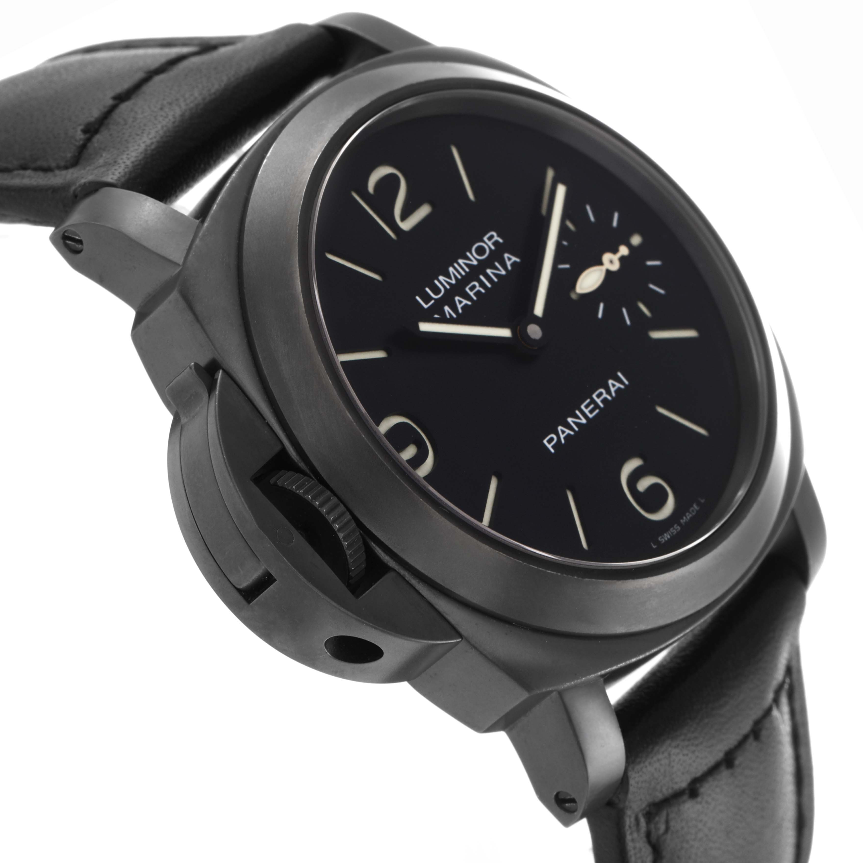 The Panerai Luminor PAM00026 Men's Stainless Steel Black Dial PAM00026 Men's Stainless Steel Black Dial watch is shown at an oblique angle, highlighting the face, bezel, crown guard, and strap.