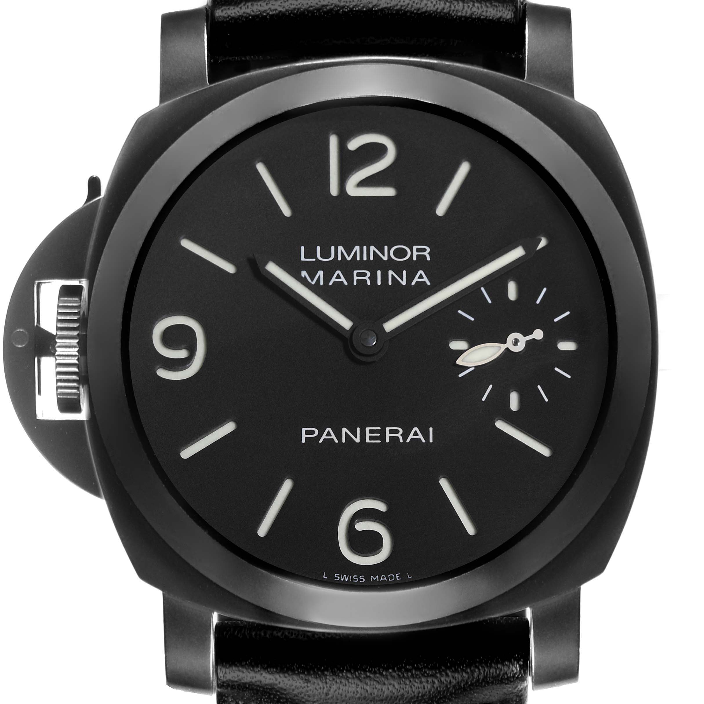 The Panerai Luminor PAM00026 Men's Stainless Steel Black Dial PAM00026 Men's Stainless Steel Black Dial watch is shown from the front, highlighting the dial, hour markers, hands, and crown guard.