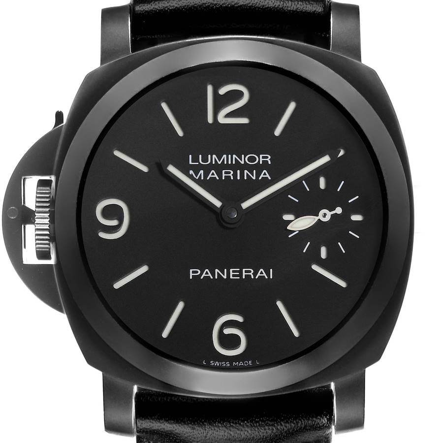The Panerai Luminor watch is shown from the front, highlighting the dial, hour markers, hands, and crown guard.