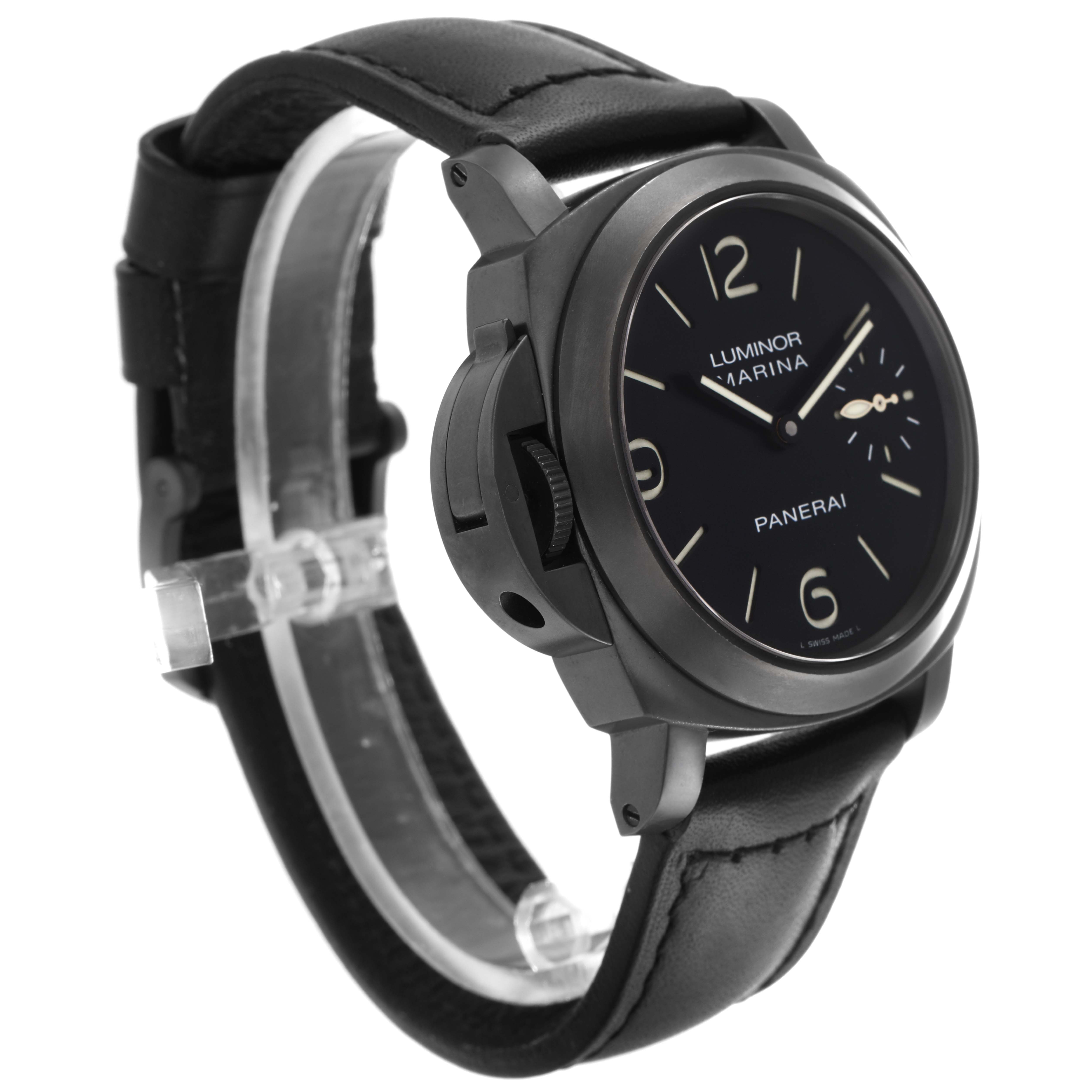 The Panerai Luminor PAM00026 Men's Stainless Steel Black Dial PAM00026 Men's Stainless Steel Black Dial model is shown at a 3/4 angle, displaying the dial, case, and crown guard with a leather strap.