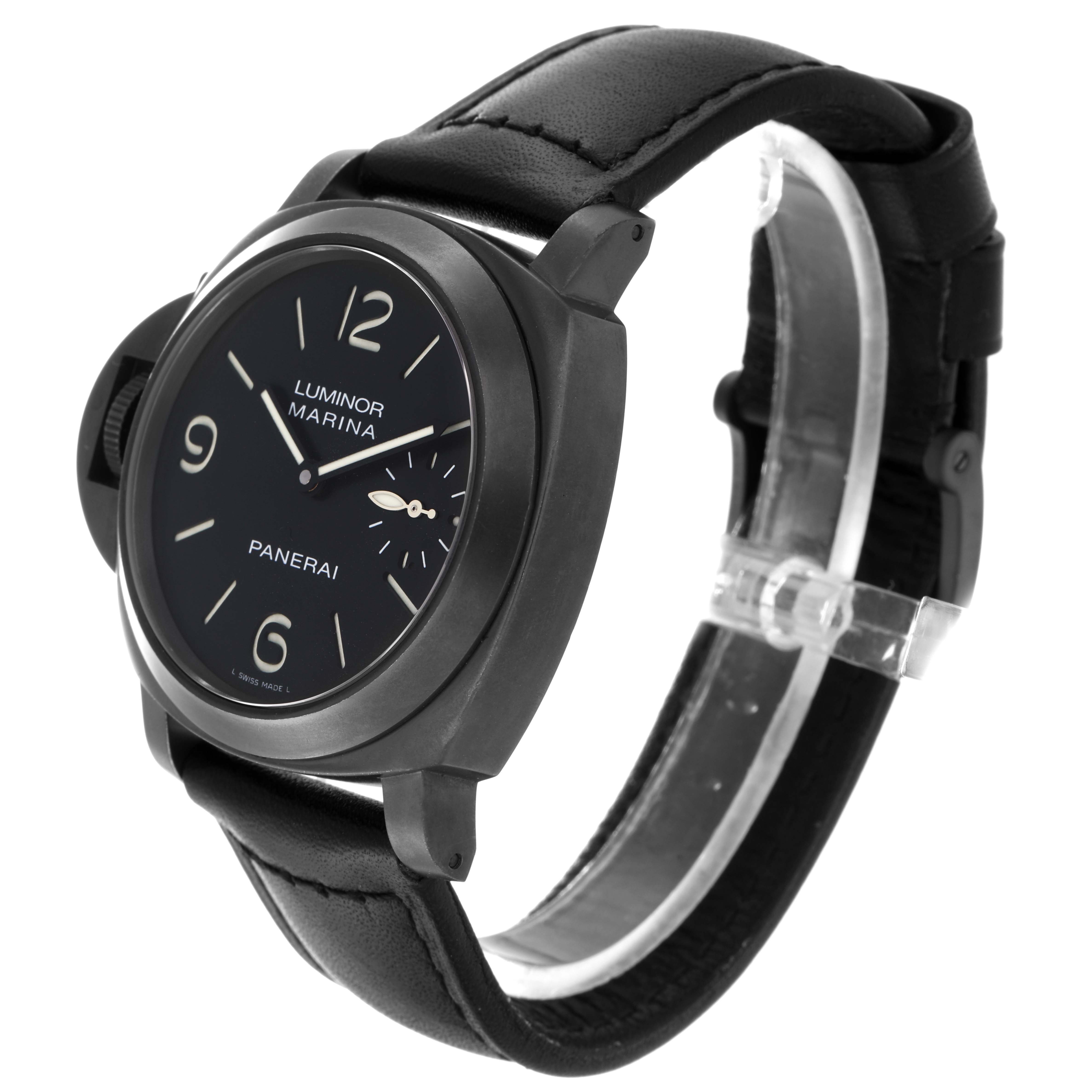 The Panerai Luminor PAM00026 Men's Stainless Steel Black Dial PAM00026 Men's Stainless Steel Black Dial watch is shown at a three-quarter angle, displaying the face, crown guard, and black leather strap.