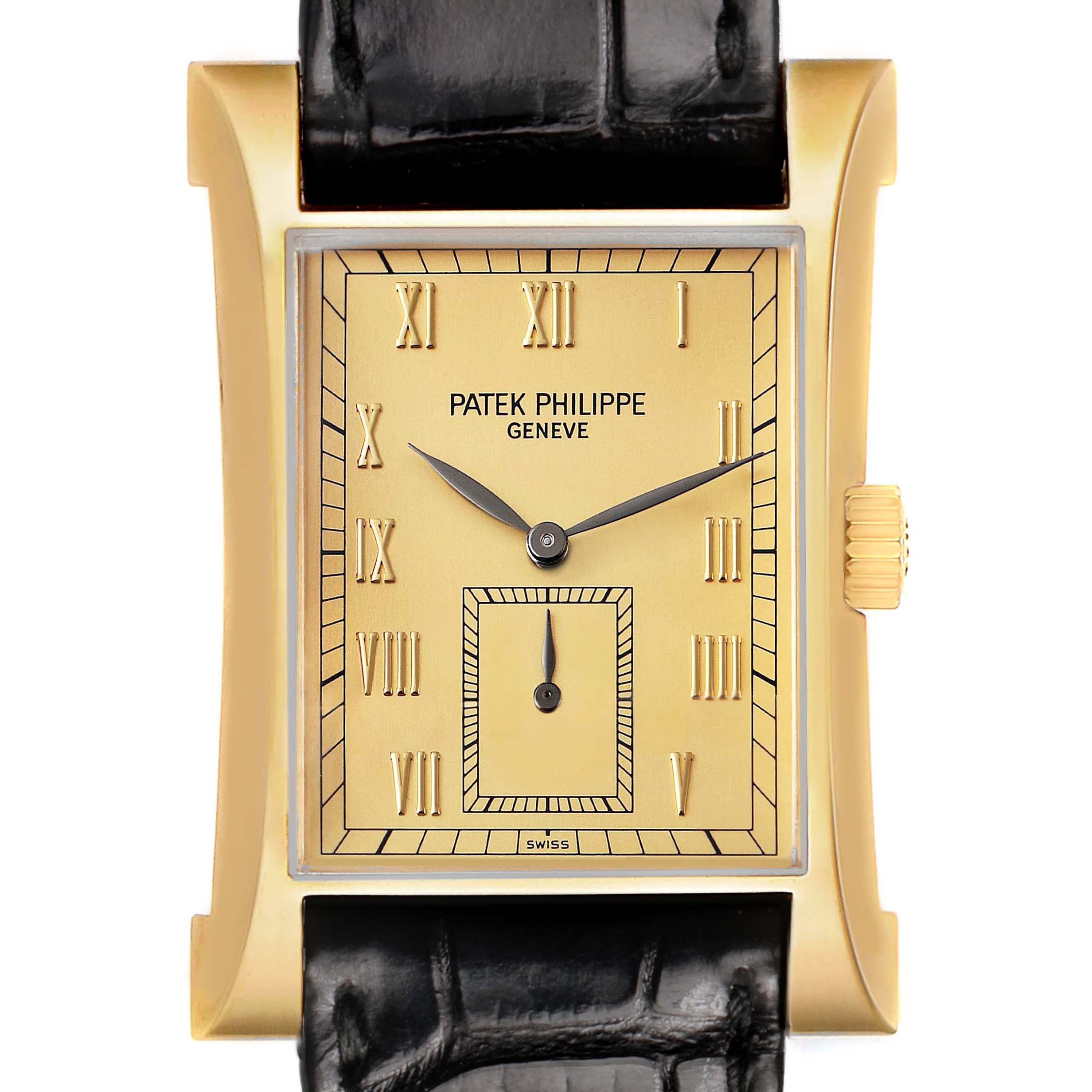 The Patek Philippe Pagoda 5500J Men's Yellow Gold Champagne Dial watch is shown from the front, displaying its rectangular dial, gold case, and black leather strap.