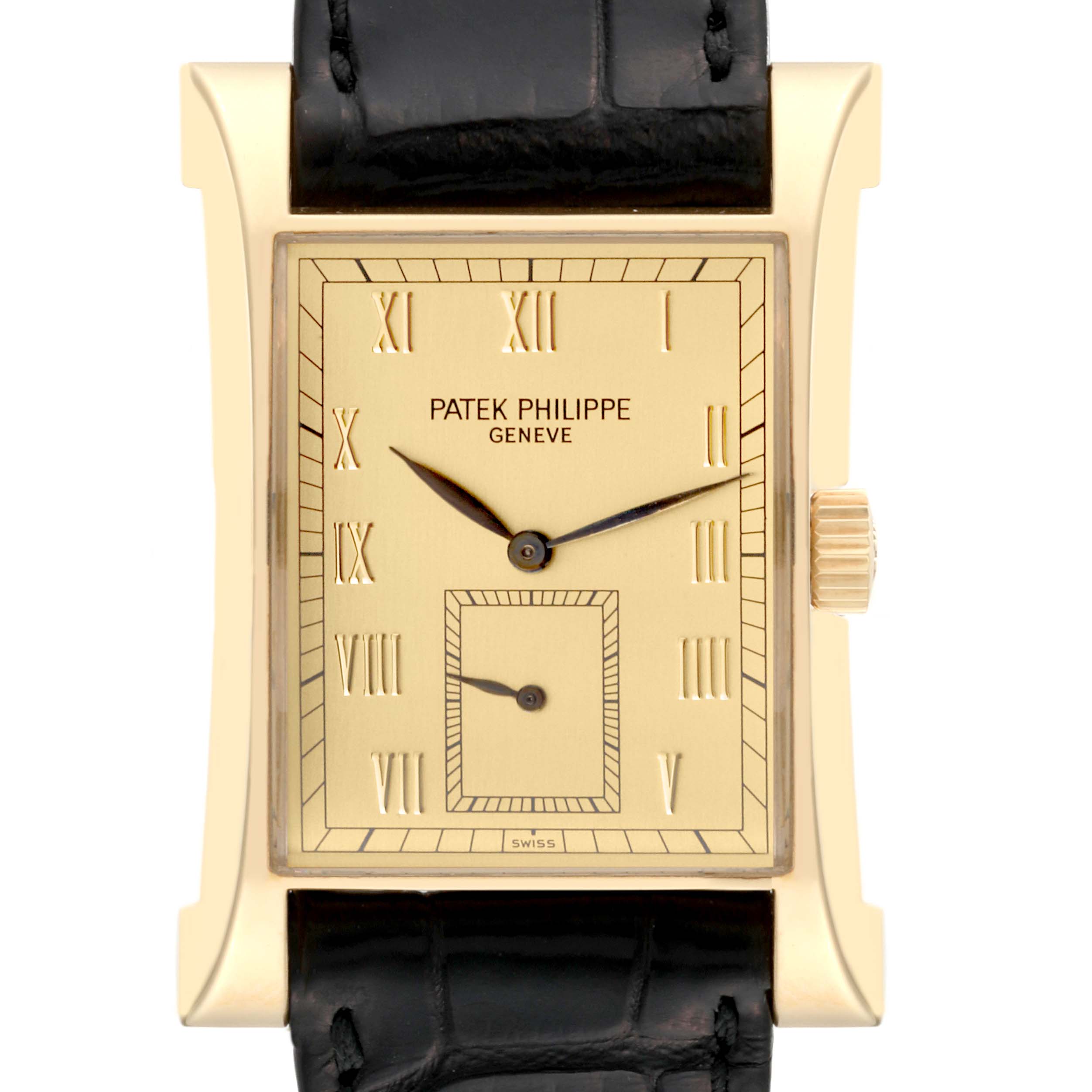 The image shows a front view of a Patek Philippe Pagoda 5500J Men's Yellow Gold Champagne Dial 5500J Men's Yellow Gold Champagne Dial model watch, highlighting the face, Roman numeral markers, and leather strap.