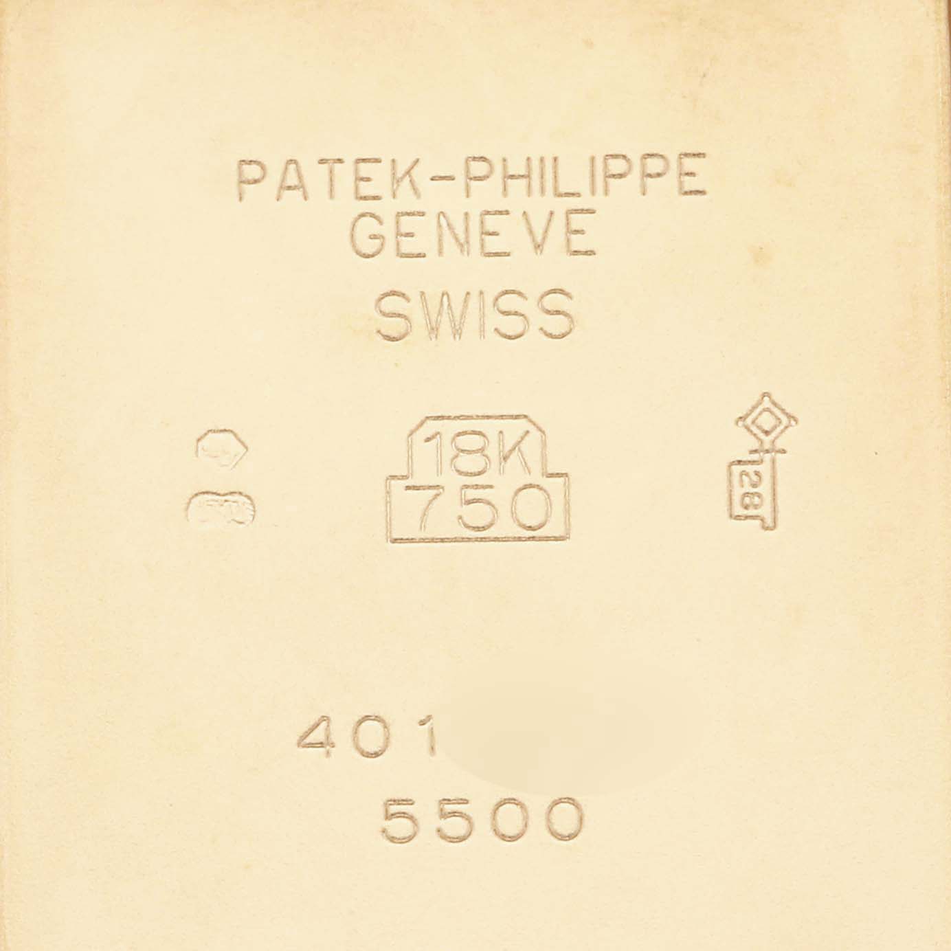 The image shows the inscriptions on the back case of a Patek Philippe Pagoda 5500J Men's Yellow Gold Champagne Dial 5500J Men's Yellow Gold Champagne Dial watch.