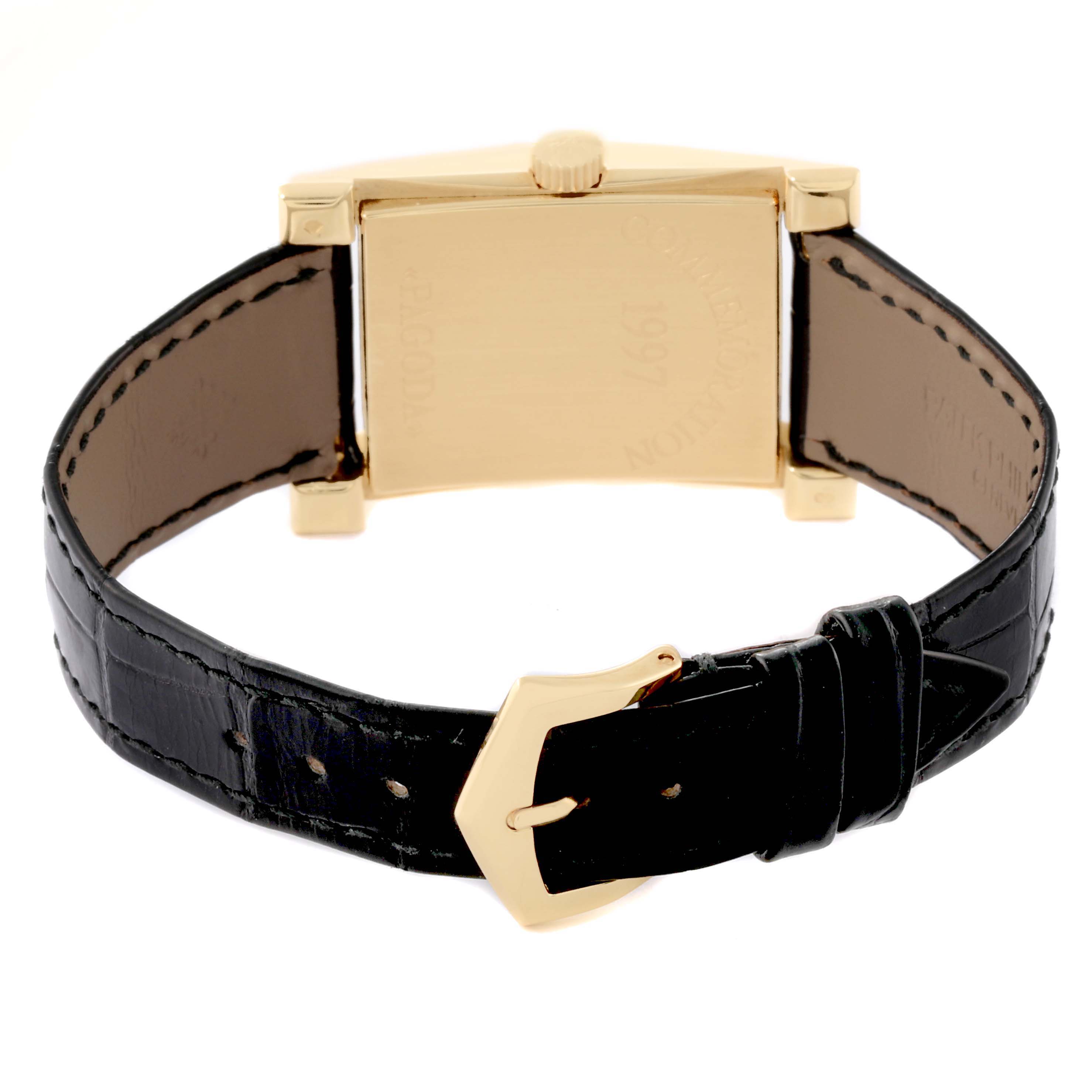 The image shows the back of a Patek Philippe Pagoda 5500J Men's Yellow Gold Champagne Dial 5500J Men's Yellow Gold Champagne Dial watch, highlighting the leather strap and buckle.