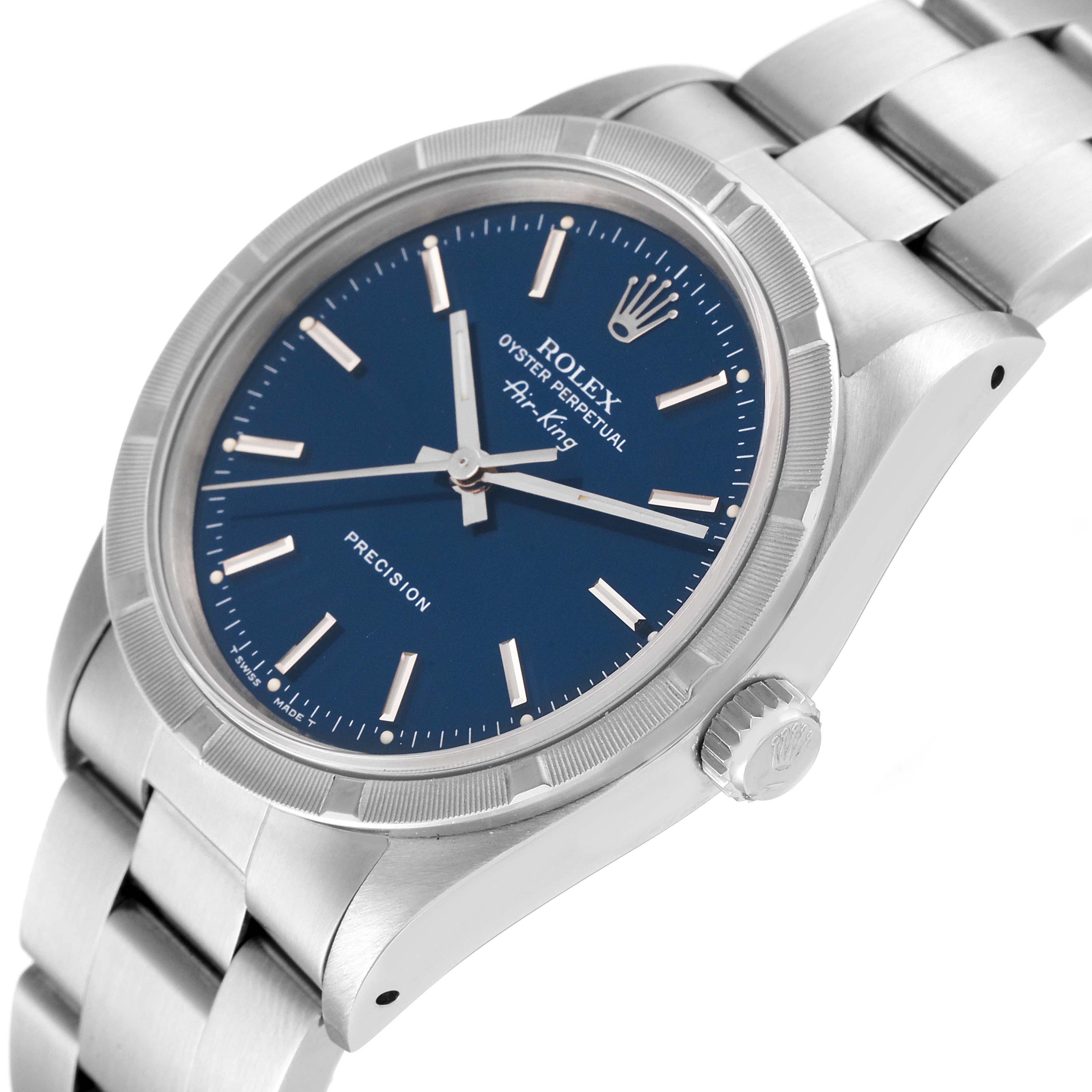 This image shows a side angle of a Rolex Air-King 14010 Men's Stainless Steel Blue Dial 14010 Men's Stainless Steel Blue Dial watch, displaying the dial, crown, and part of the bracelet.