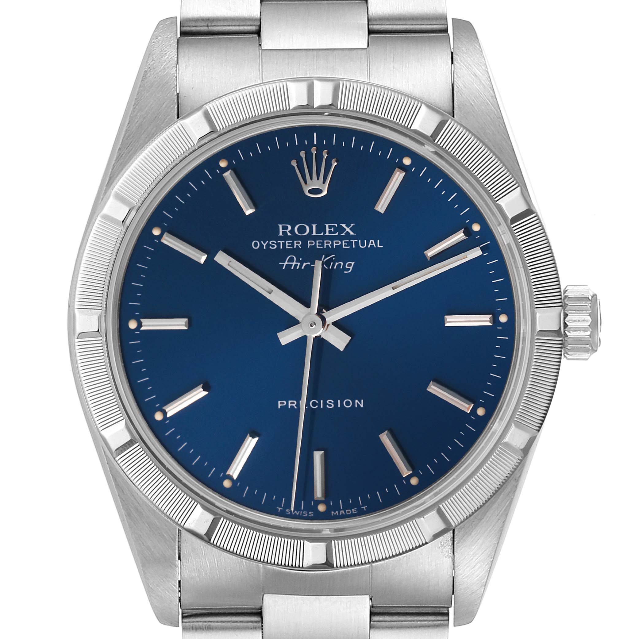 The image shows a frontal view of a Rolex Air-King 14010 Men's Stainless Steel Blue Dial 14010 Men's Stainless Steel Blue Dial watch, displaying the blue dial, hour markers, brand name, and part of the bracelet.
