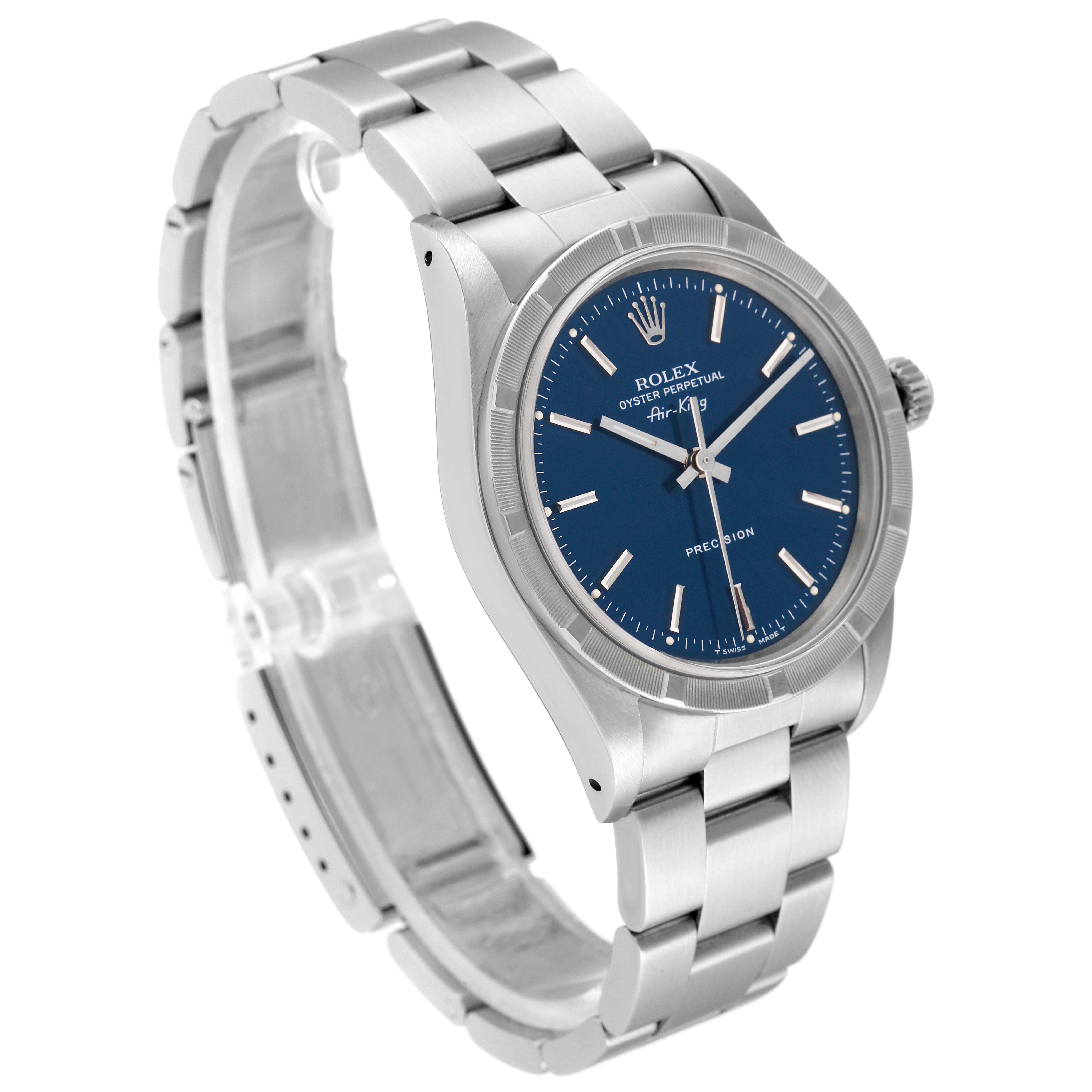The Rolex Air-King 14010 Men's Stainless Steel Blue Dial 14010 Men's Stainless Steel Blue Dial watch is shown at an oblique angle, displaying its blue dial, bezel, crown, and part of the bracelet.