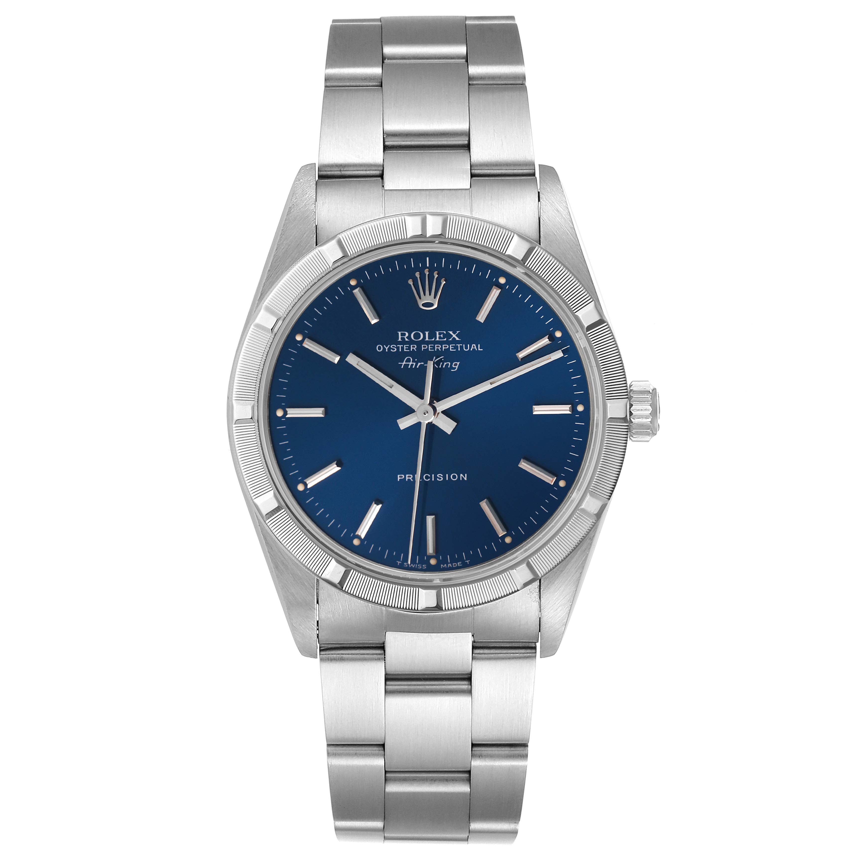 The Rolex Air-King 14010 Men's Stainless Steel Blue Dial 14010 Men's Stainless Steel Blue Dial watch is shown from a front angle, displaying its face, bezel, crown, and bracelet.