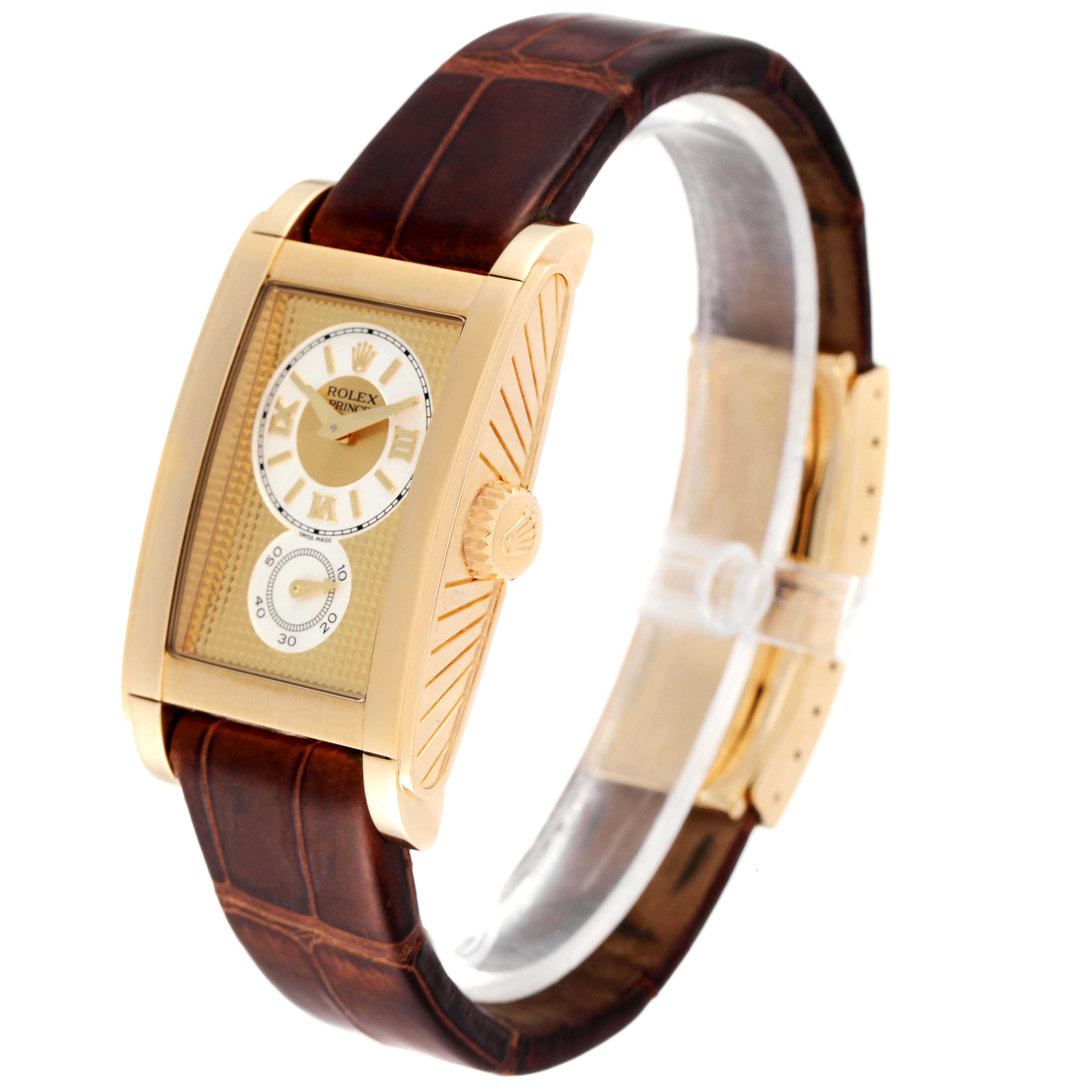 The image shows a side angle of a Rolex Cellini 5440 Men
s Yellow Gold Champagne Dial 5440 Men
s Yellow Gold Champagne Dial watch, highlighting its gold case, dial, crown, and brown leather strap.