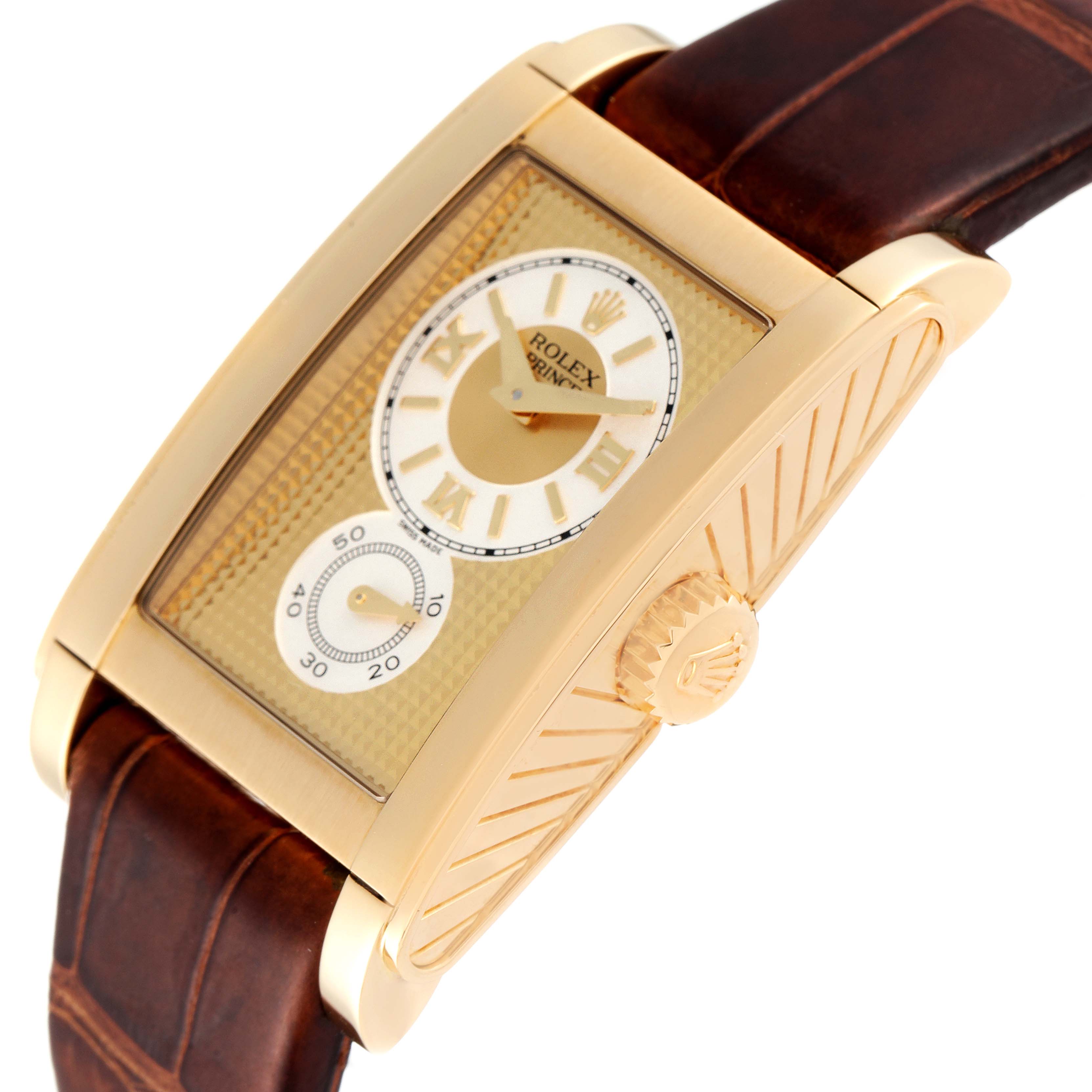 The image shows a Rolex Cellini 5440 Men
s Yellow Gold Champagne Dial 5440 Men
s Yellow Gold Champagne Dial watch angled to display its face, crown, and brown leather strap.