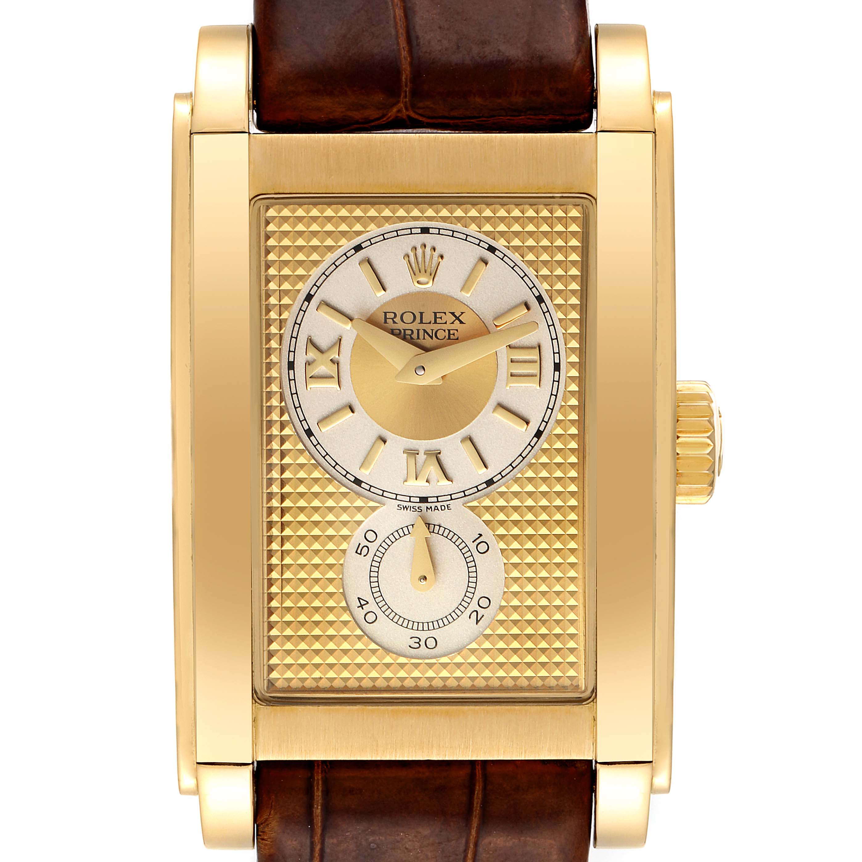 This image shows a front view of a Rolex Cellini 5440 Men
s Yellow Gold Champagne Dial 5440 Men
s Yellow Gold Champagne Dial watch featuring its rectangular gold case, dial, and leather strap.