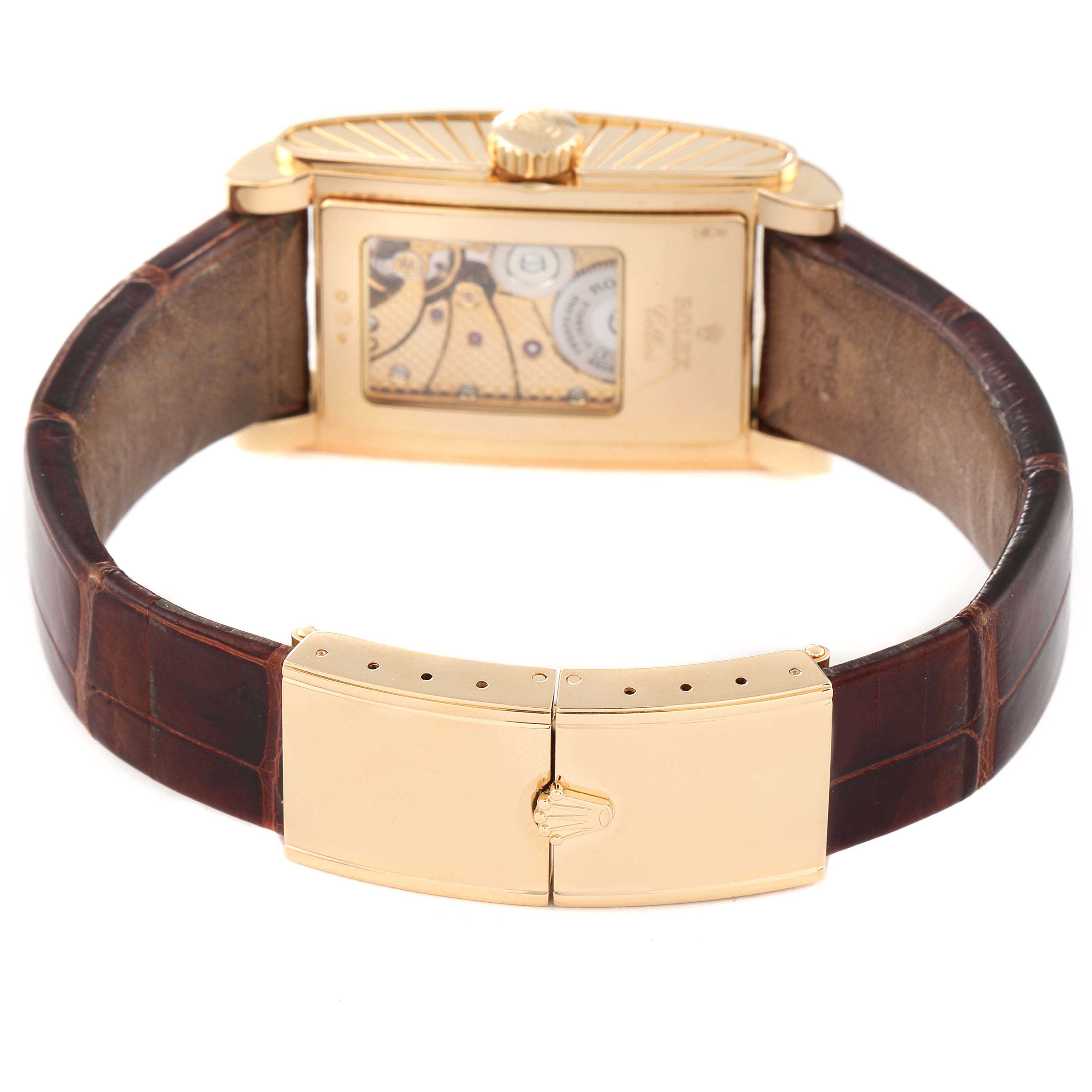 The image shows the back and clasp of a Rolex Cellini 5440 Men
s Yellow Gold Champagne Dial 5440 Men
s Yellow Gold Champagne Dial watch, highlighting the movement and bracelet details.