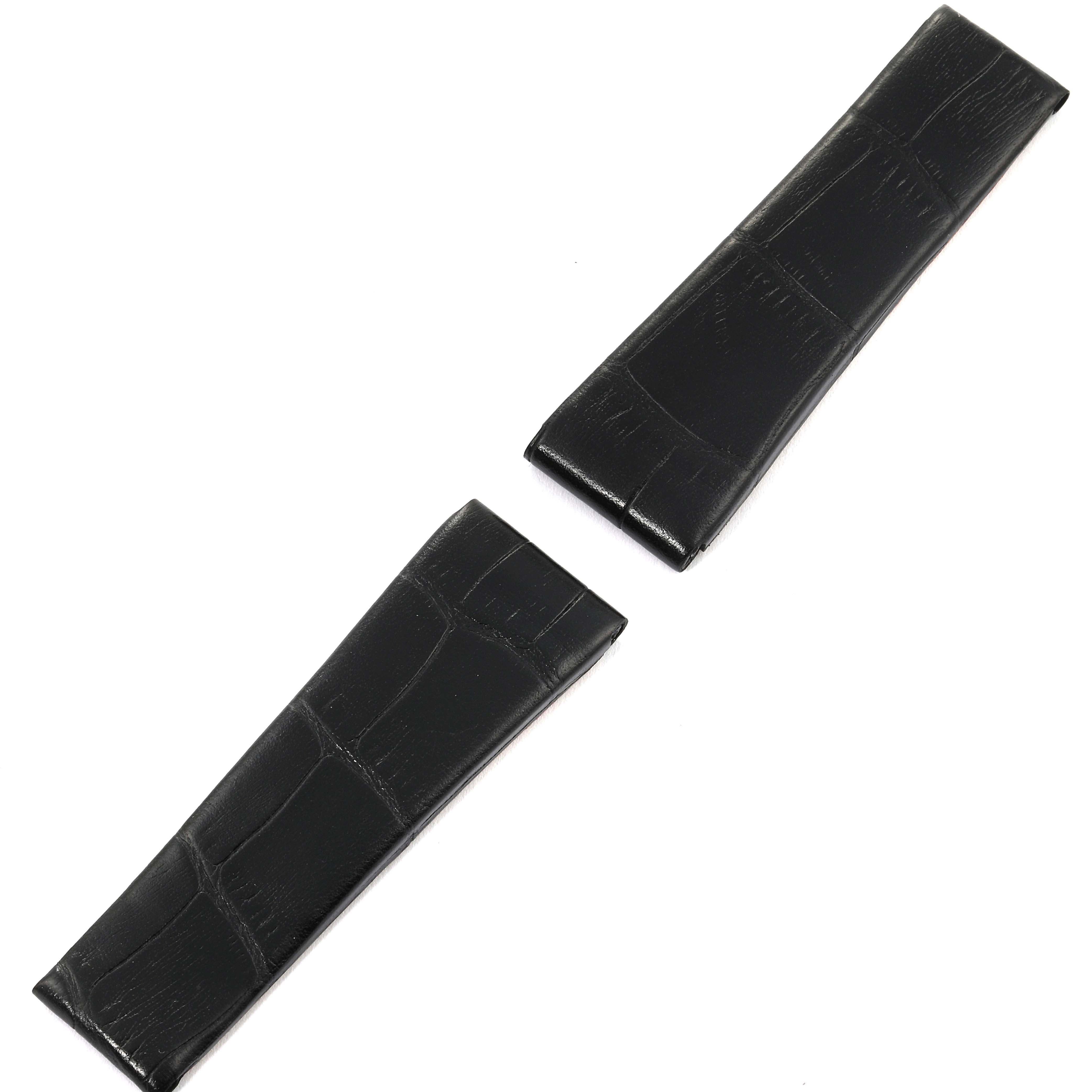 The image shows two black leather straps, likely replacements, for the Rolex Cellini 5440 Men
s Yellow Gold Champagne Dial 5440 Men
s Yellow Gold Champagne Dial model.