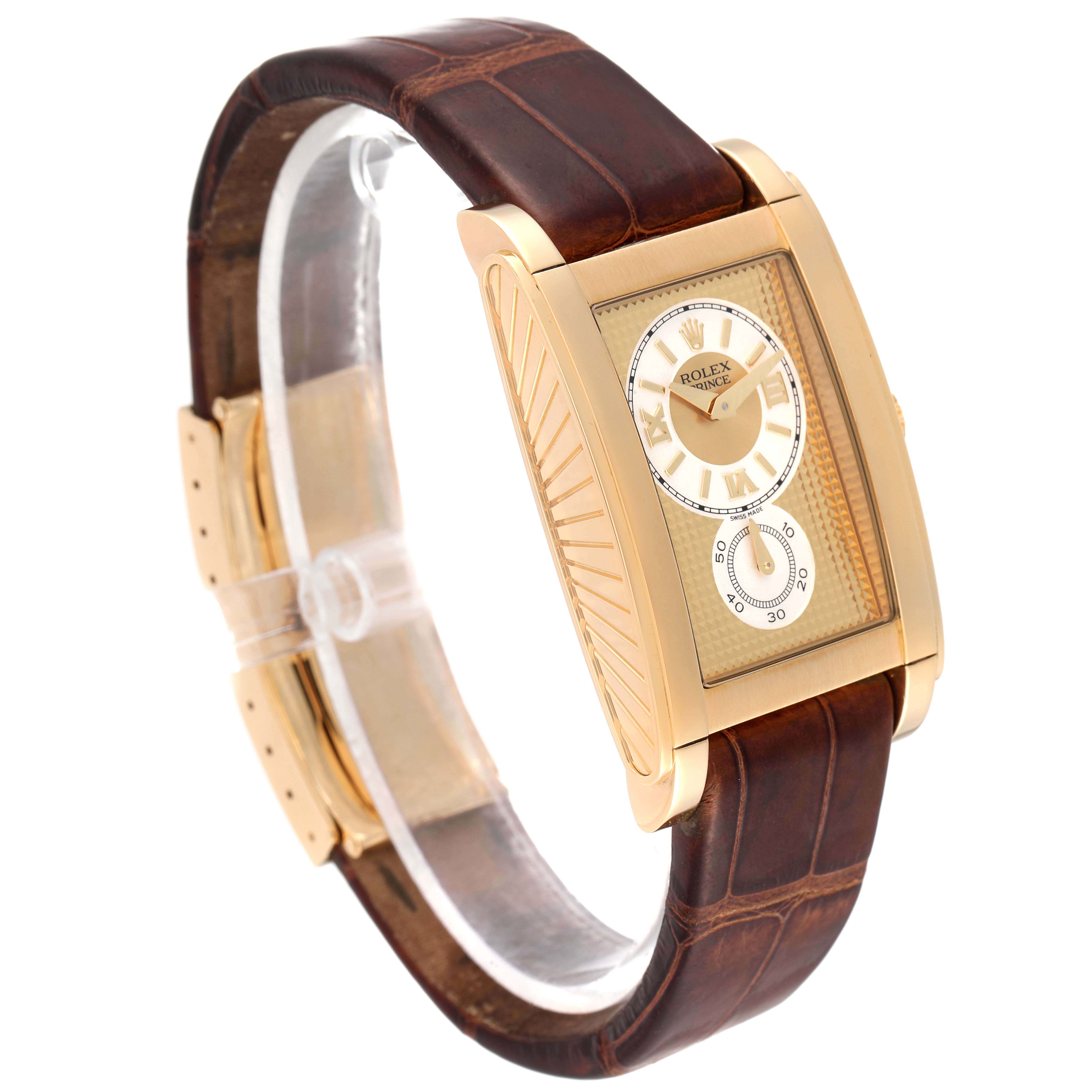 This image shows a side angle view of a Rolex Cellini 5440 Men
s Yellow Gold Champagne Dial 5440 Men
s Yellow Gold Champagne Dial with a rectangular gold case and brown leather strap.