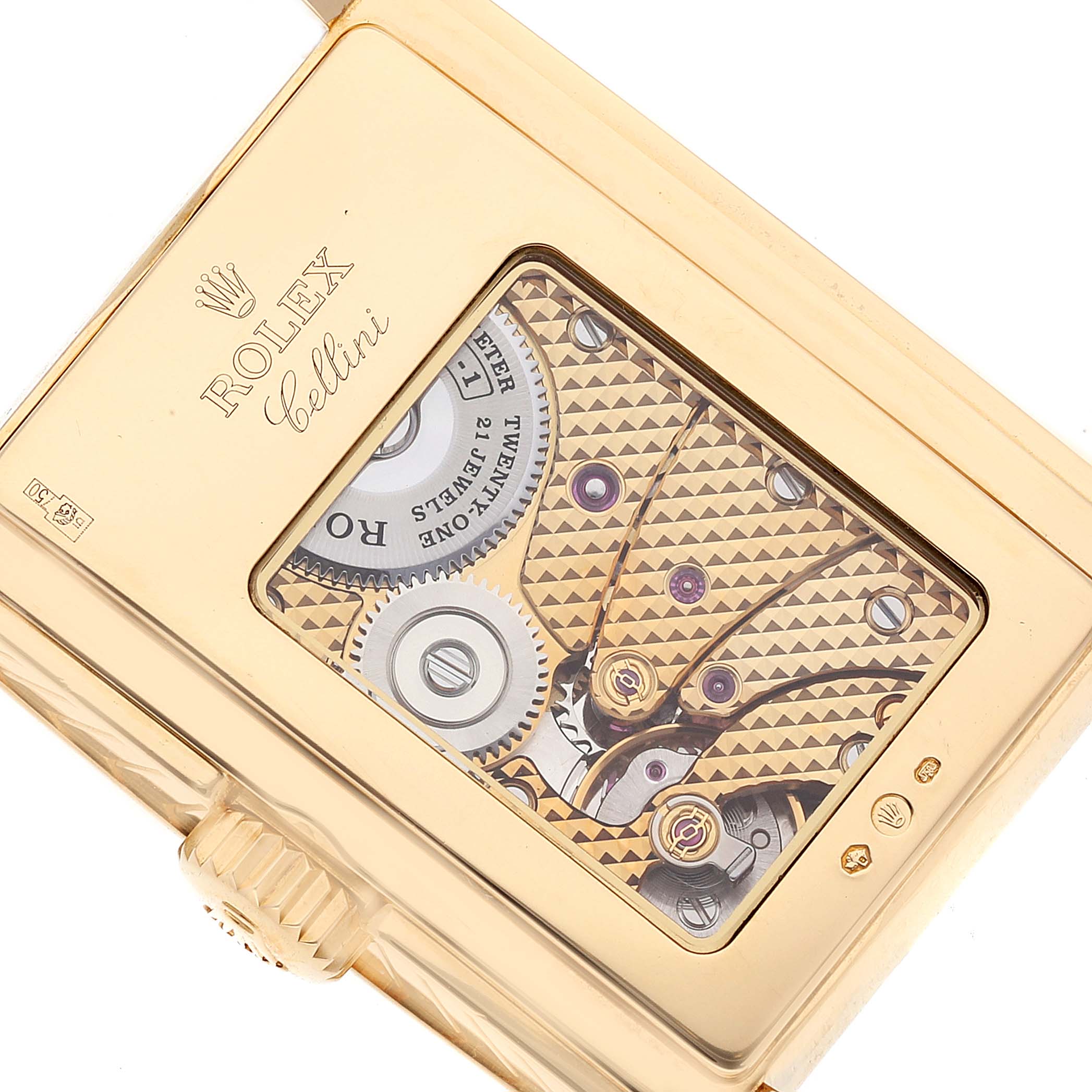 The image shows a close-up of the back view of a Rolex Cellini 5440 Men
s Yellow Gold Champagne Dial 5440 Men
s Yellow Gold Champagne Dial watch, highlighting its intricate movement and mechanical parts.