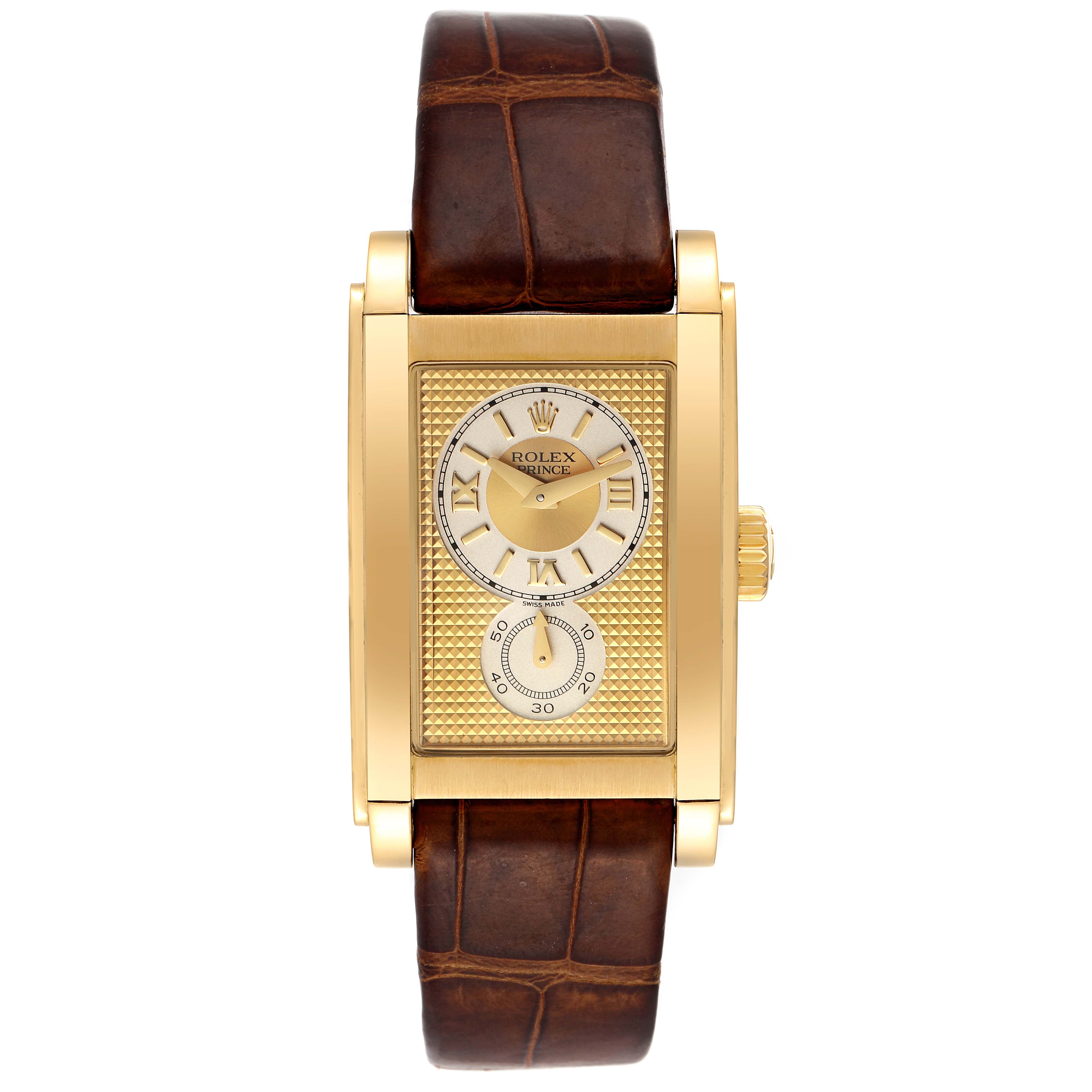 This image shows a frontal view of the Rolex Cellini 5440 Men
s Yellow Gold Champagne Dial 5440 Men
s Yellow Gold Champagne Dial watch with a gold rectangular case and a brown leather strap.