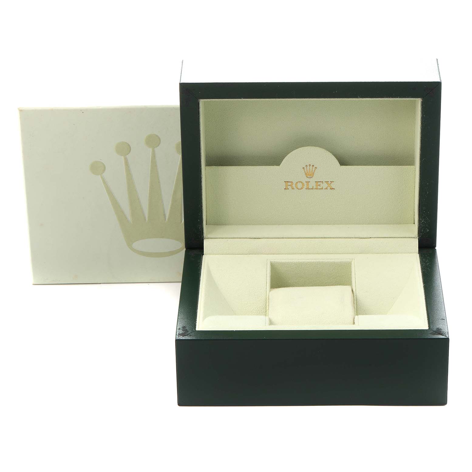 The image shows an open Rolex Daytona 16520 Men
s Stainless Steel White Dial 16520 Men
s Stainless Steel White Dial watch box with its lid and cushion visible from a front angle.