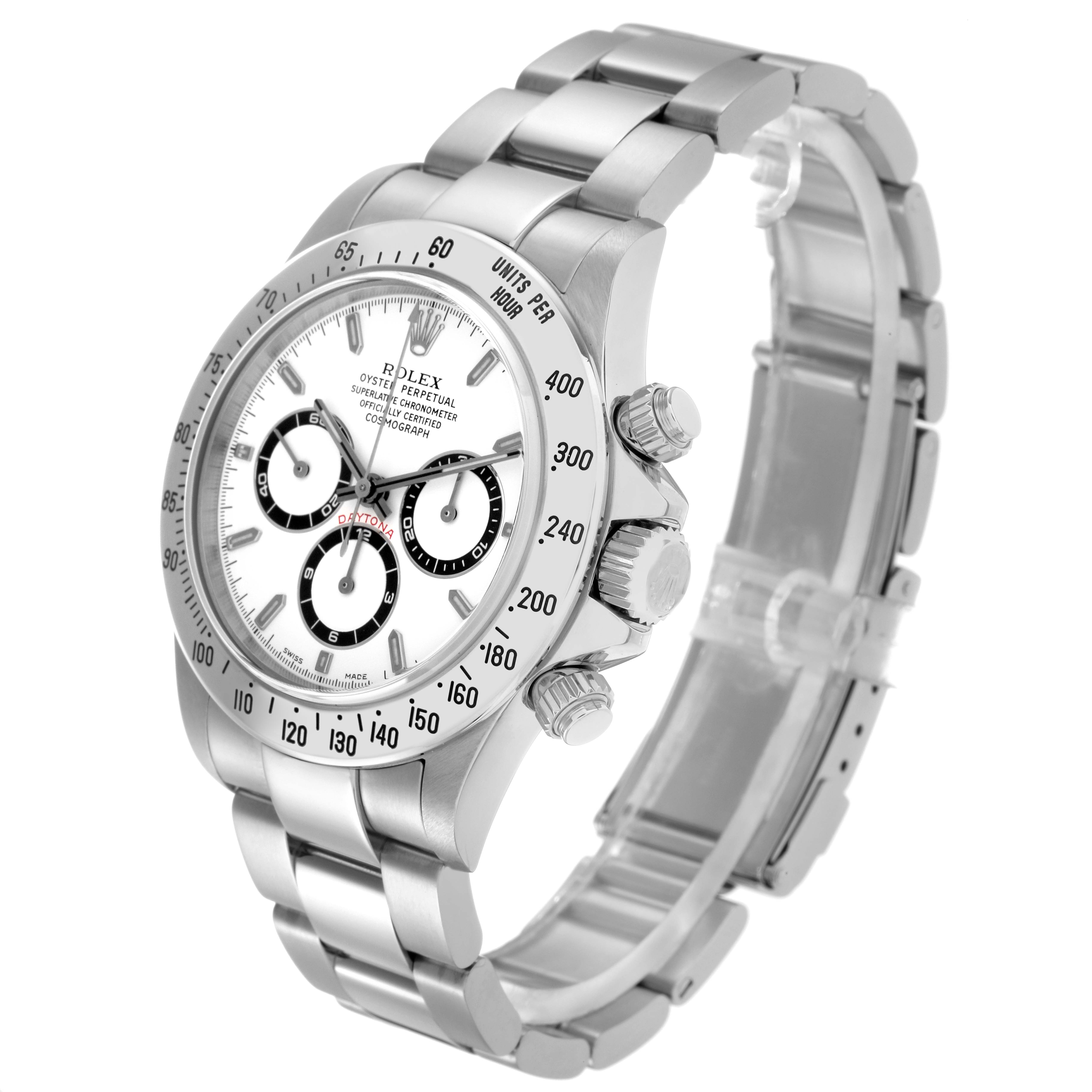 The Rolex Daytona 16520 Men
s Stainless Steel White Dial 16520 Men
s Stainless Steel White Dial watch is shown at a slight angle, displaying the face, bezel, pushers, crown, and bracelet.