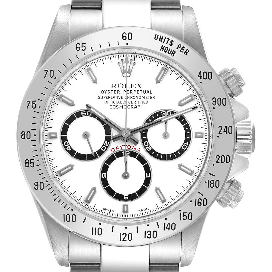 The image shows a frontal view of the Rolex Daytona, highlighting the dial, bezel, and chronograph sub-dials.