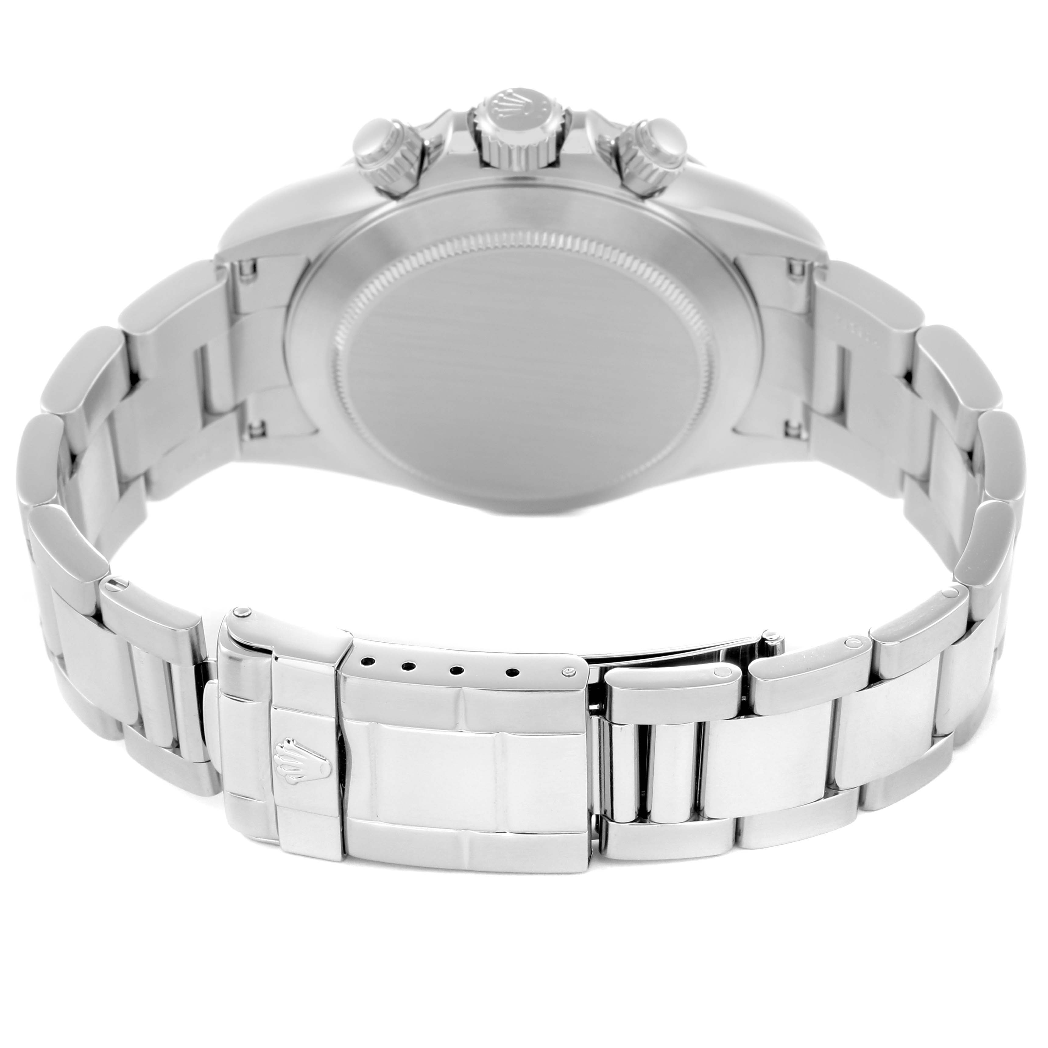The image shows the back view of a Rolex Daytona 16520 Men
s Stainless Steel White Dial 16520 Men
s Stainless Steel White Dial watch, highlighting its bracelet and clasp.