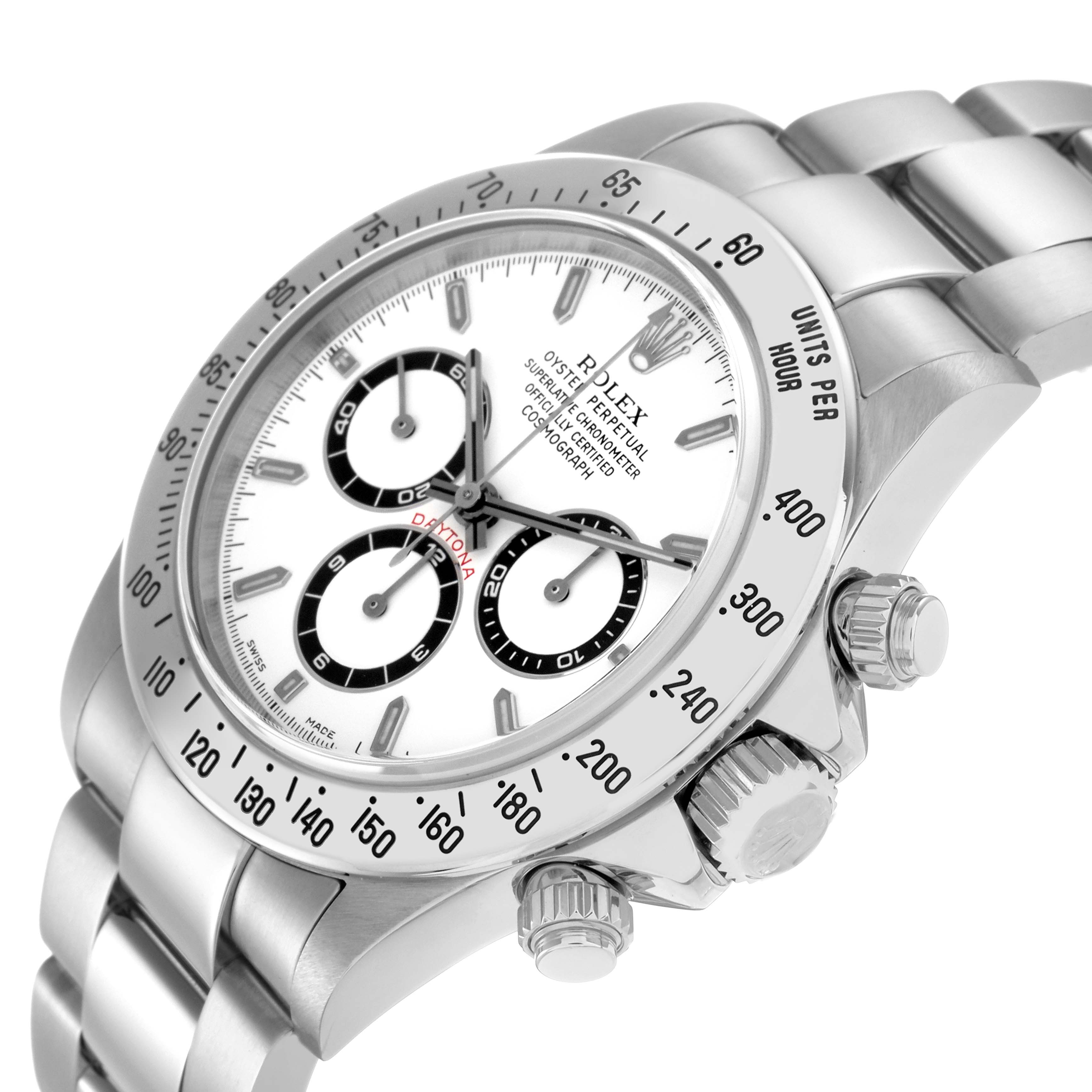 The Rolex Daytona 16520 Men
s Stainless Steel White Dial 16520 Men
s Stainless Steel White Dial watch is shown at an angled view highlighting the dial, chronograph subdials, bezel, and crown.
