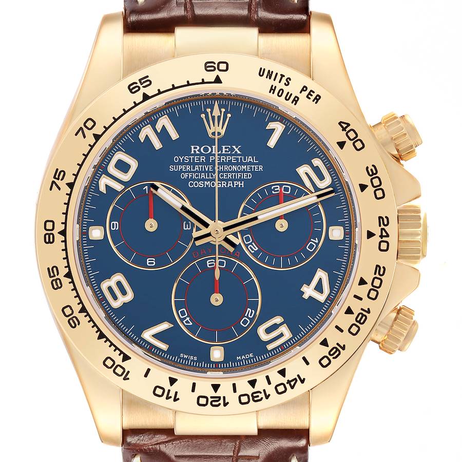 The Rolex Daytona watch is shown from the front, displaying its face, bezel, crown, and a brown leather strap.