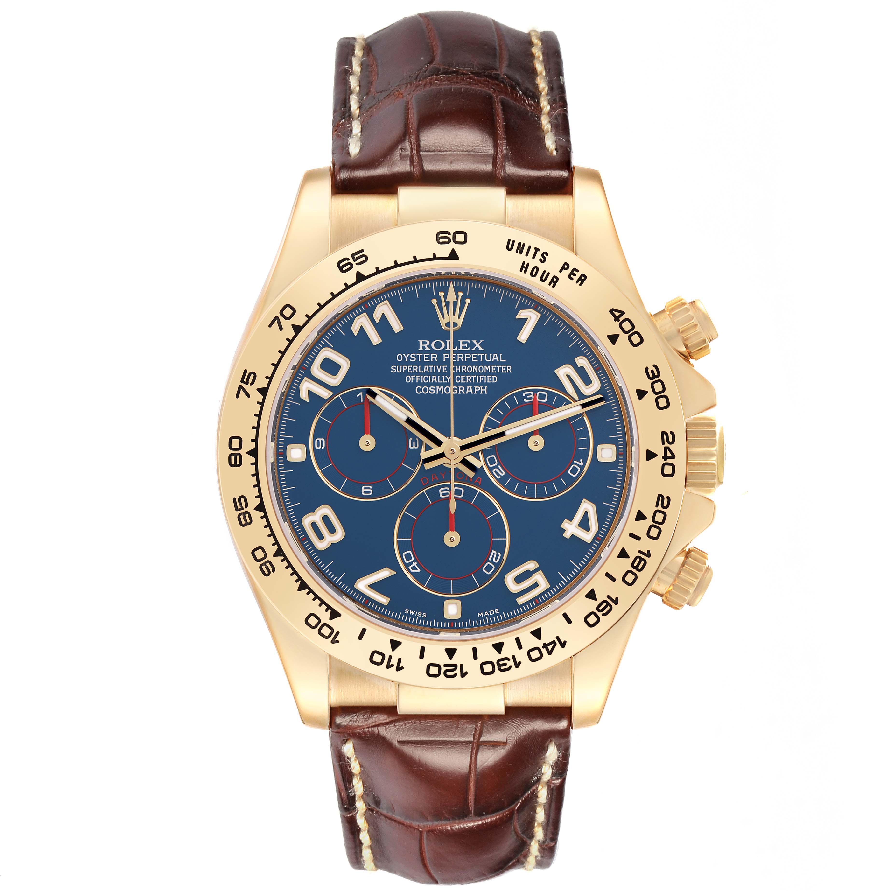 The Rolex Daytona 116518 Men
s Yellow Gold Blue Dial 116518 Men
s Yellow Gold Blue Dial watch is shown from the front, displaying its face, bezel, crown, pushers, and leather strap.