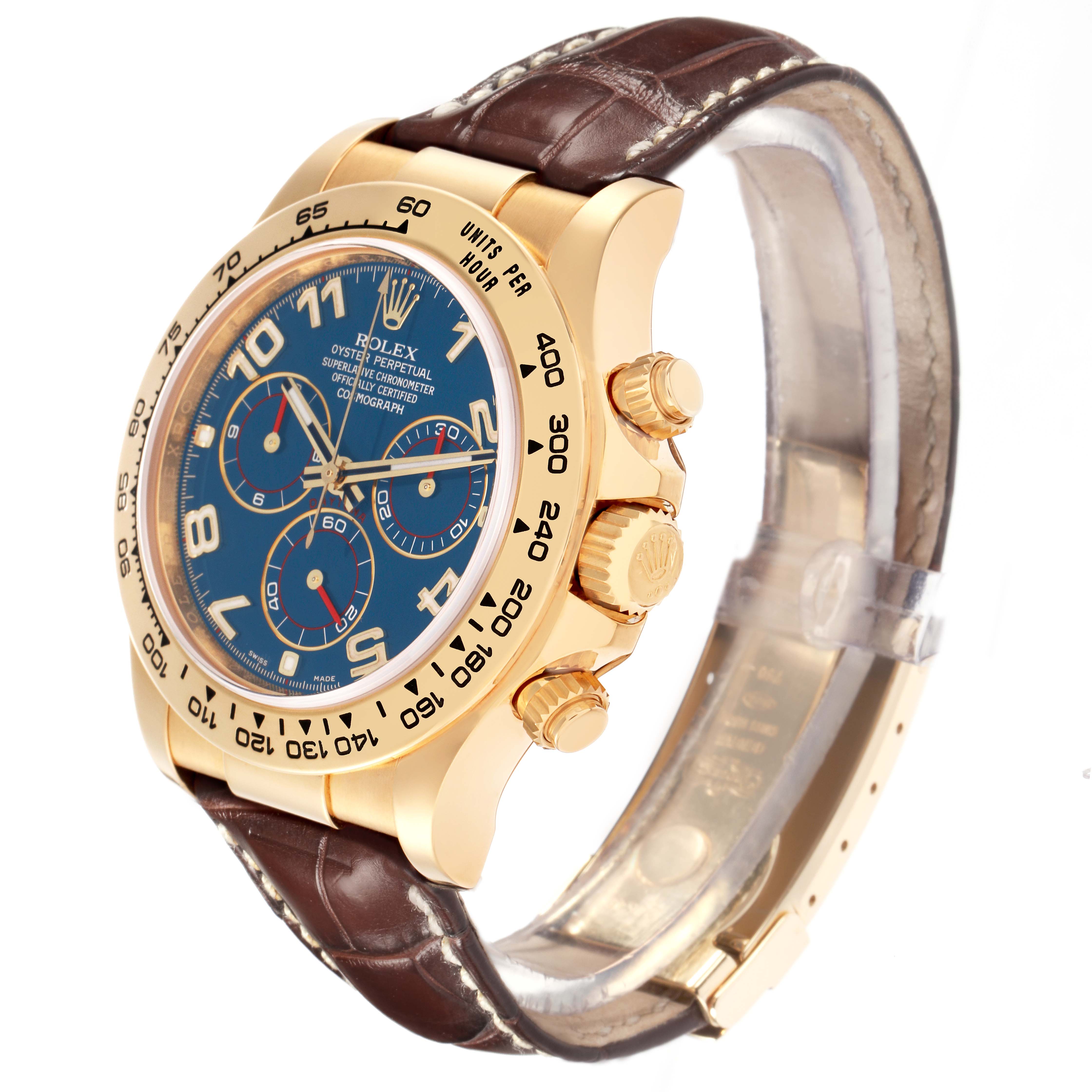 The Rolex Daytona 116518 Men
s Yellow Gold Blue Dial 116518 Men
s Yellow Gold Blue Dial watch is shown at an oblique angle displaying the face, bezel, crown, pushers, and leather strap.
