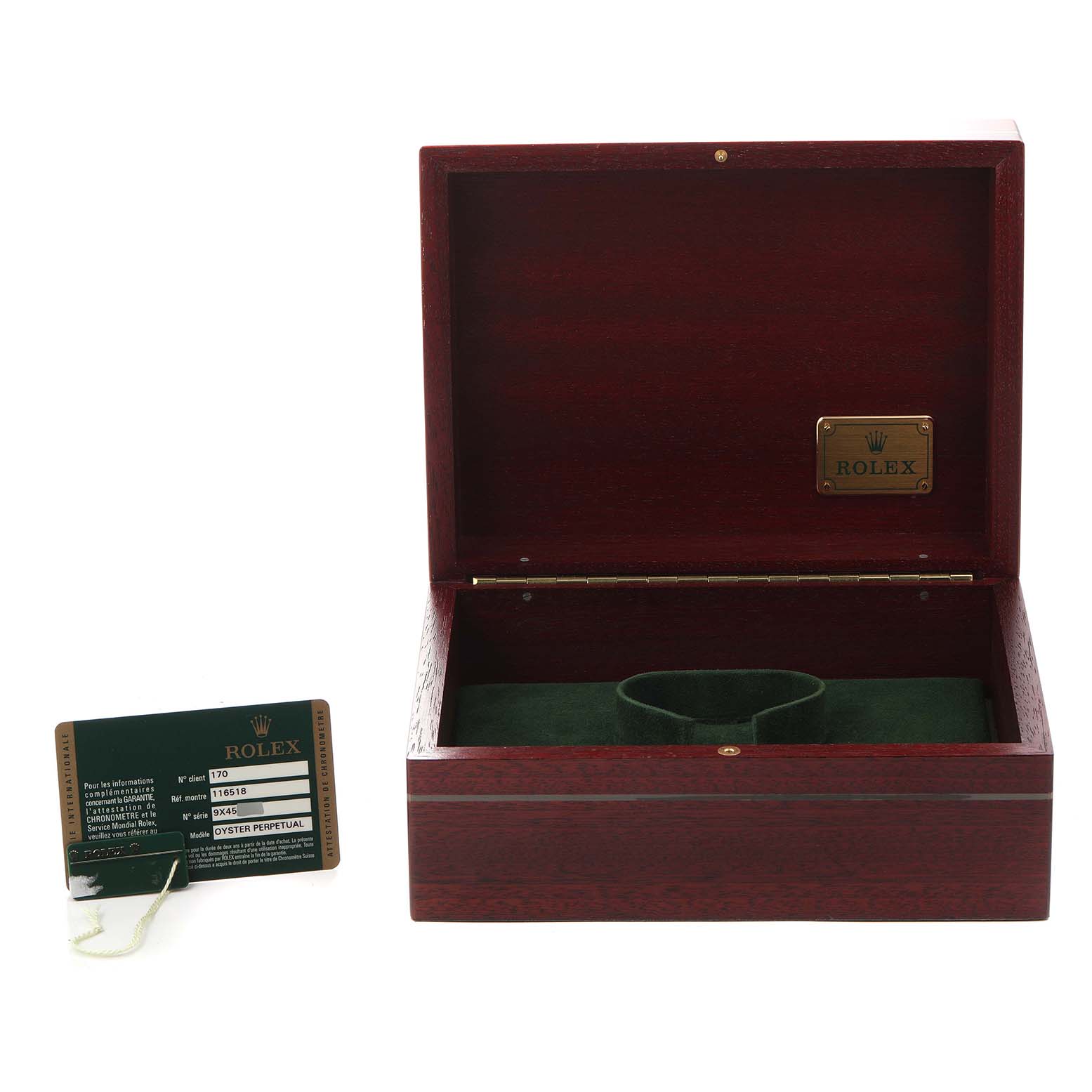 The image shows an open Rolex Daytona 116518 Men
s Yellow Gold Blue Dial 116518 Men
s Yellow Gold Blue Dial watch box and an identification card displayed upright beside it.