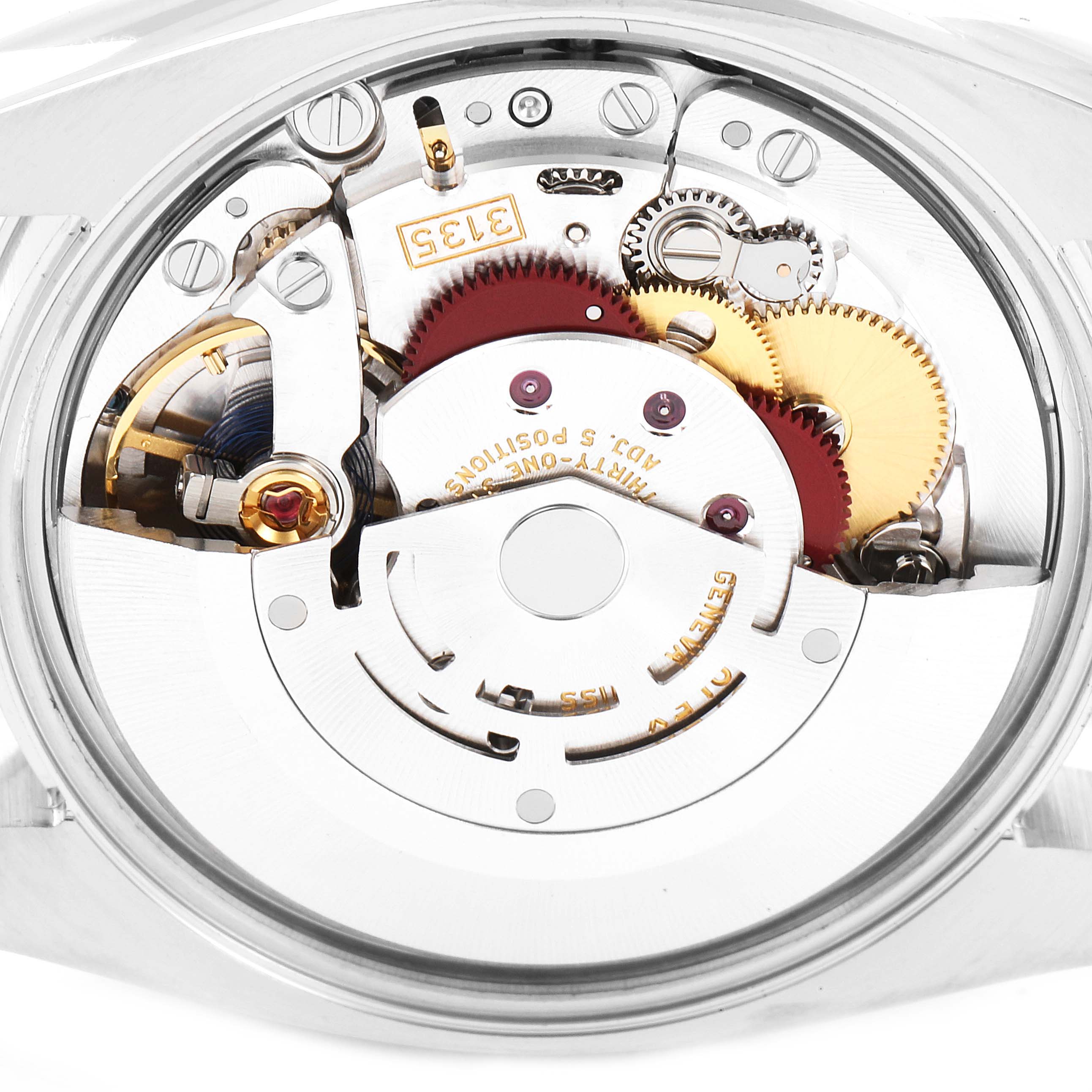 The image shows the intricate internal mechanism of a Rolex Date 115200 Men's Stainless Steel Silver Dial 115200 Men's Stainless Steel Silver Dial model watch, viewed from the back.