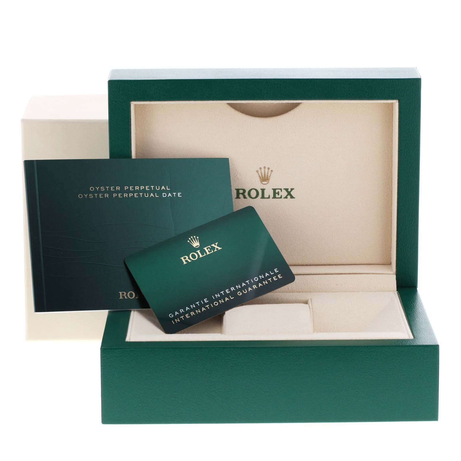 The image shows the packaging, international guarantee card, and booklet for a Rolex Date 115200 Men's Stainless Steel Silver Dial 115200 Men's Stainless Steel Silver Dial model watch.
