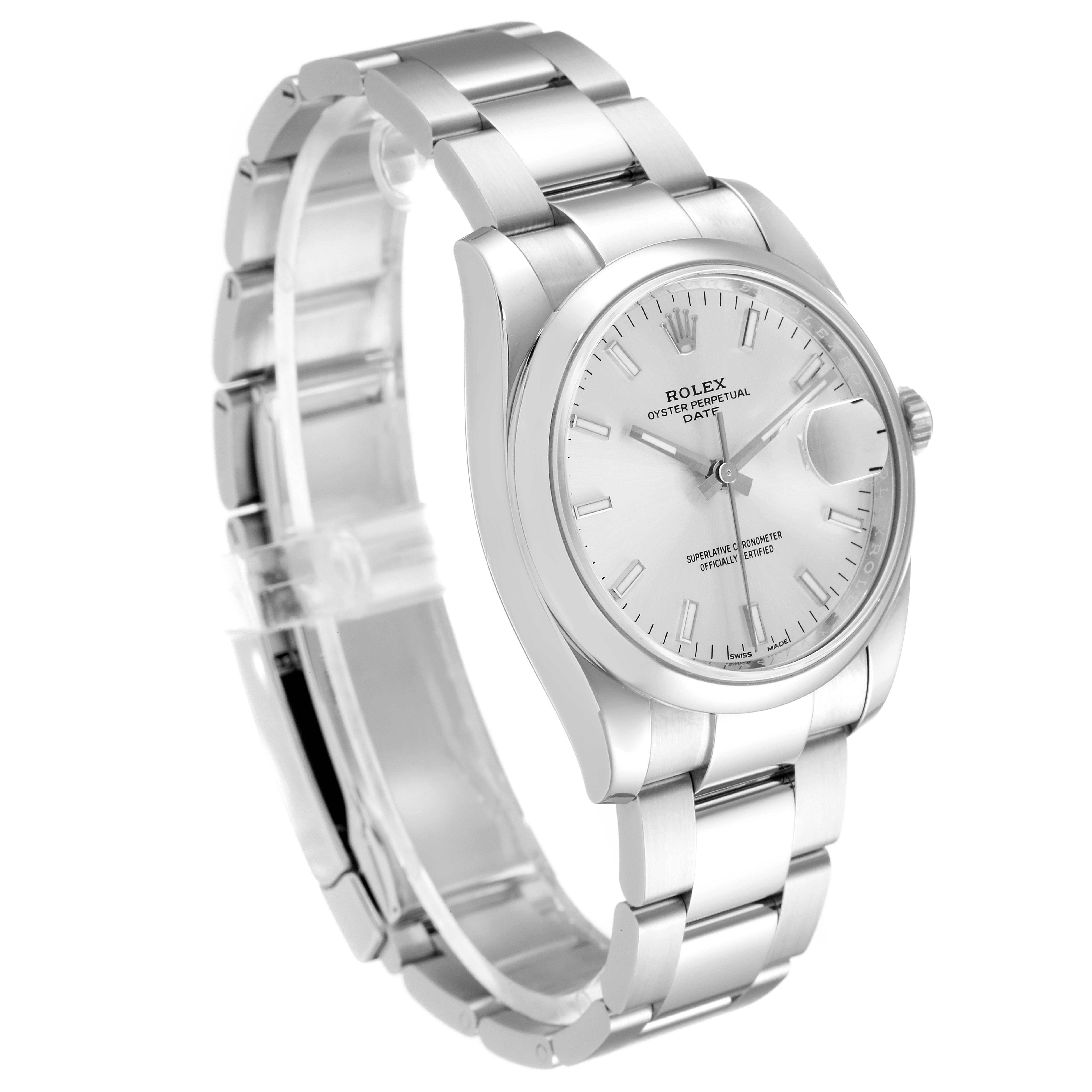 The image shows a side angle of a Rolex Date 115200 Men's Stainless Steel Silver Dial 115200 Men's Stainless Steel Silver Dial model watch, featuring the dial, bracelet, and crown.