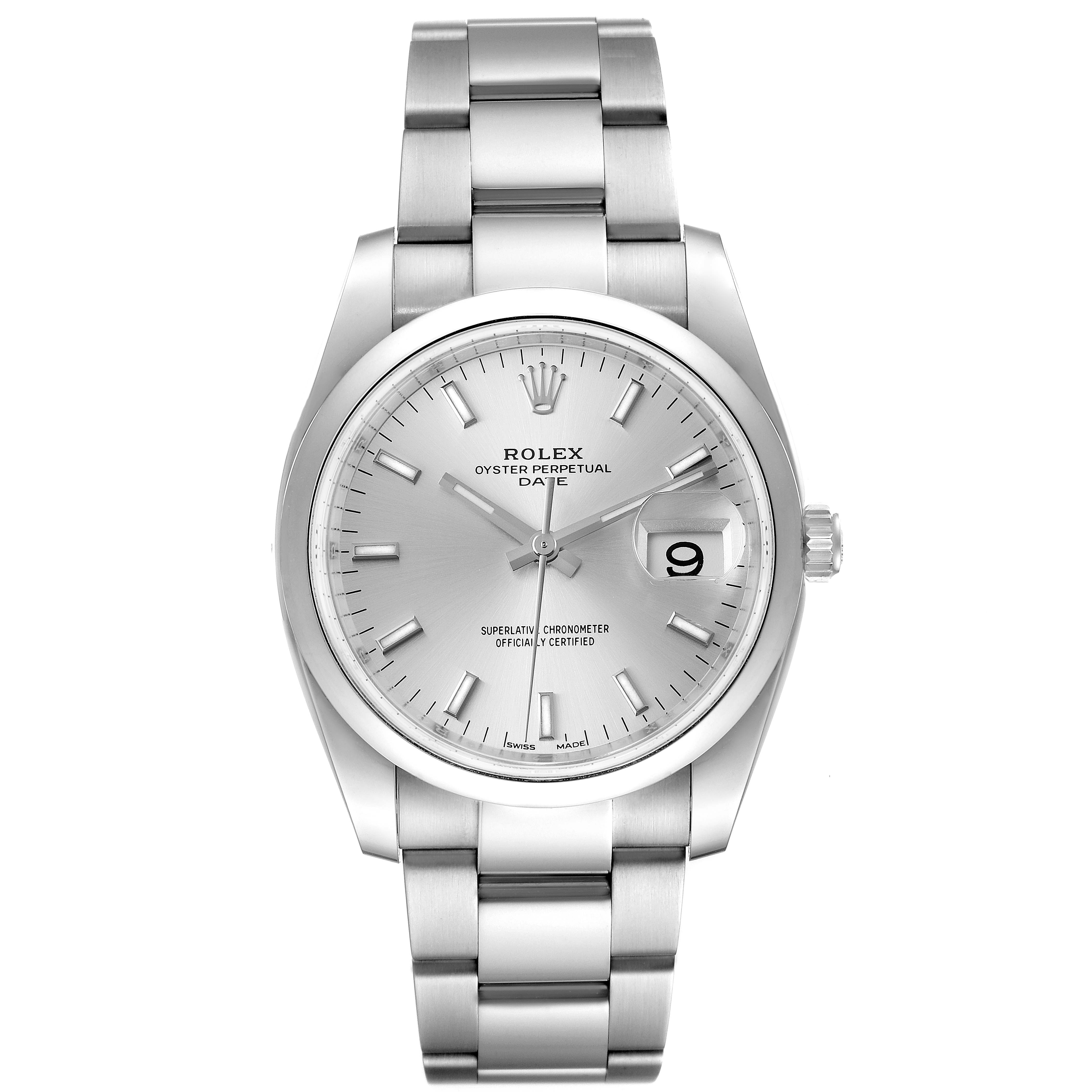 This image shows a front view of the Rolex Date 115200 Men's Stainless Steel Silver Dial 115200 Men's Stainless Steel Silver Dial model, highlighting its face, bracelet, and date magnifier.