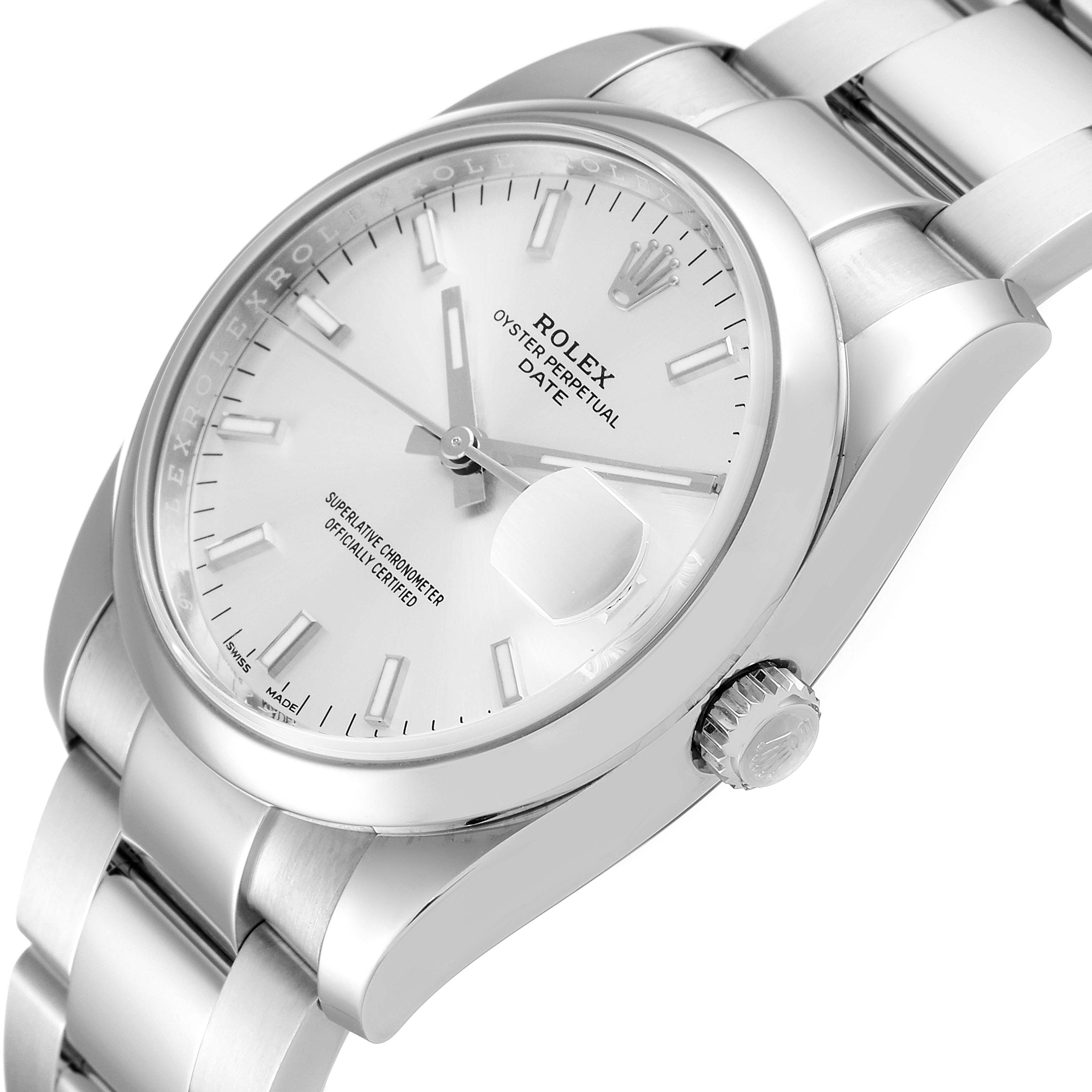 The image showcases a close-up, tilted view of the Rolex Date 115200 Men's Stainless Steel Silver Dial 115200 Men's Stainless Steel Silver Dial model, highlighting the dial, case, crown, and part of the bracelet.