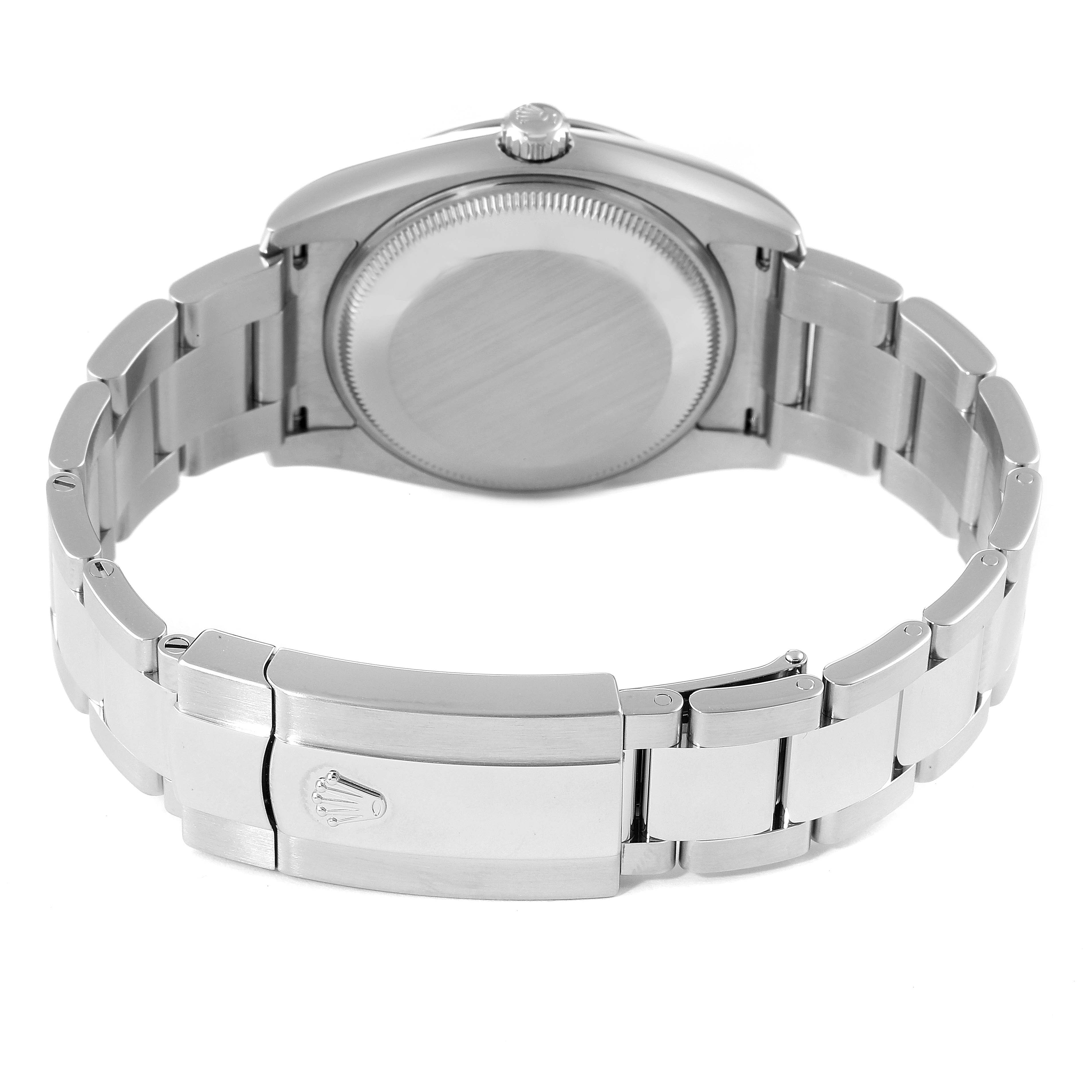 This image shows the back view of a Rolex Date 115200 Men's Stainless Steel Silver Dial 115200 Men's Stainless Steel Silver Dial model watch, highlighting the case back and clasp.