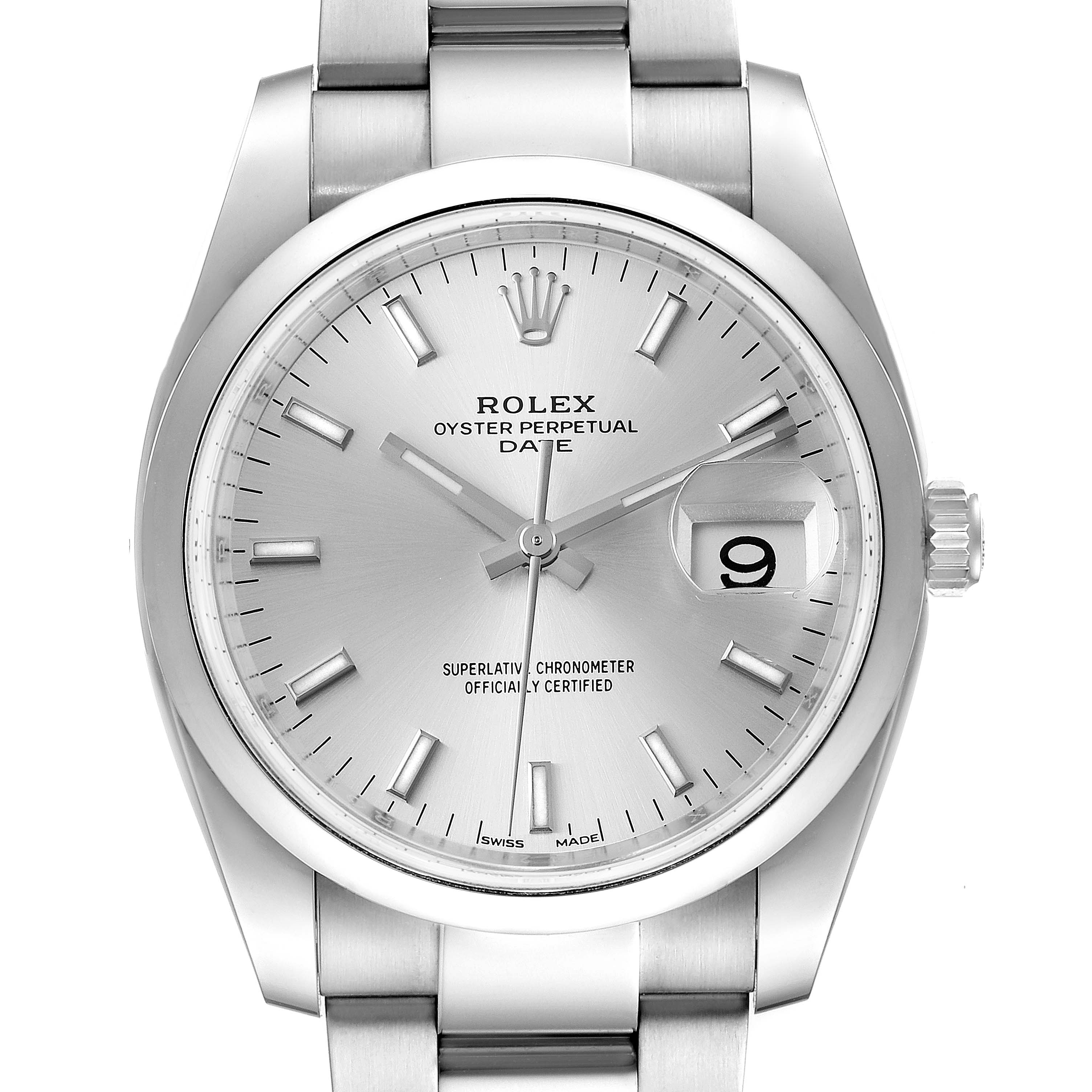 This image shows a front view of a Rolex Date 115200 Men's Stainless Steel Silver Dial 115200 Men's Stainless Steel Silver Dial model watch, highlighting its dial, hands, date window, and bracelet.