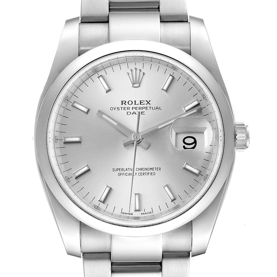 Rolex Date 34 Silver Baton Dial Stainless Steel Mens Watch 115200 Unworn SwissWatchExpo