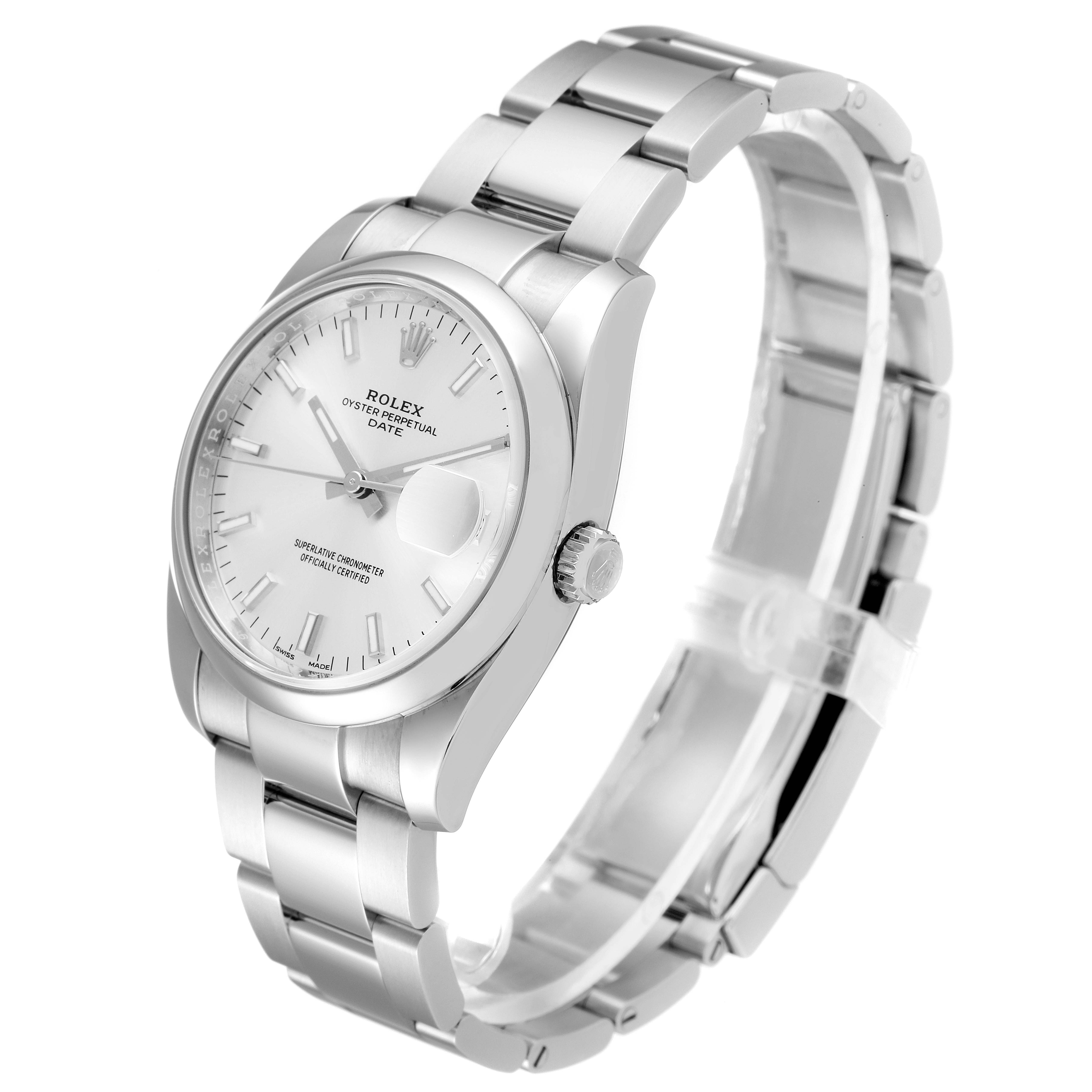 This image shows a front right angle of a Rolex Date 115200 Men's Stainless Steel Silver Dial 115200 Men's Stainless Steel Silver Dial model watch, highlighting the face, bezel, crown, and bracelet.