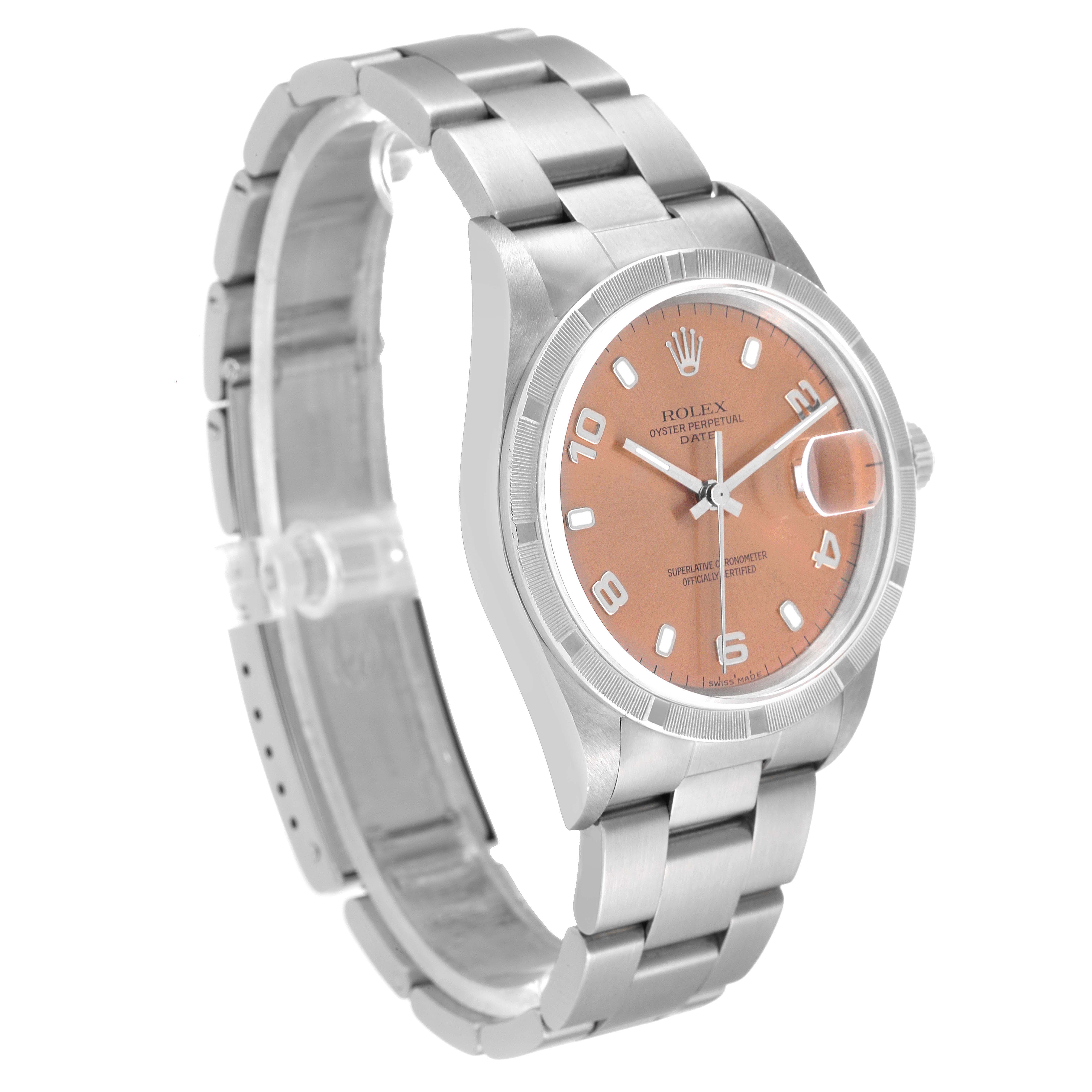 The image shows a Rolex Date 15210 Men's Stainless Steel Pink Dial 15210 Men's Stainless Steel Pink Dial model watch at an oblique angle, highlighting the pink dial, stainless steel case, and bracelet.