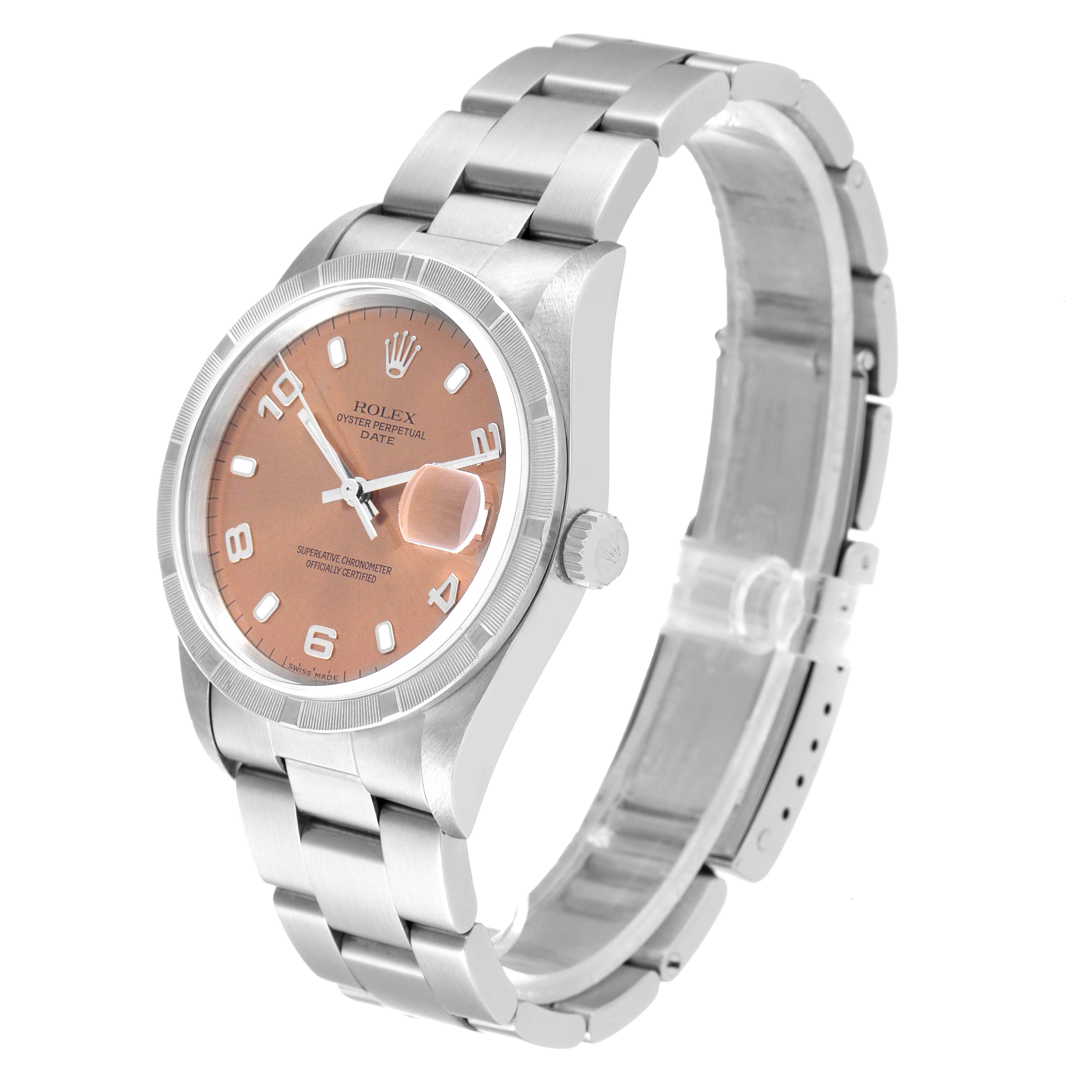 This image shows a side view of the Rolex Date 15210 Men's Stainless Steel Pink Dial 15210 Men's Stainless Steel Pink Dial model watch, highlighting its bracelet, crown, case, and rose dial.