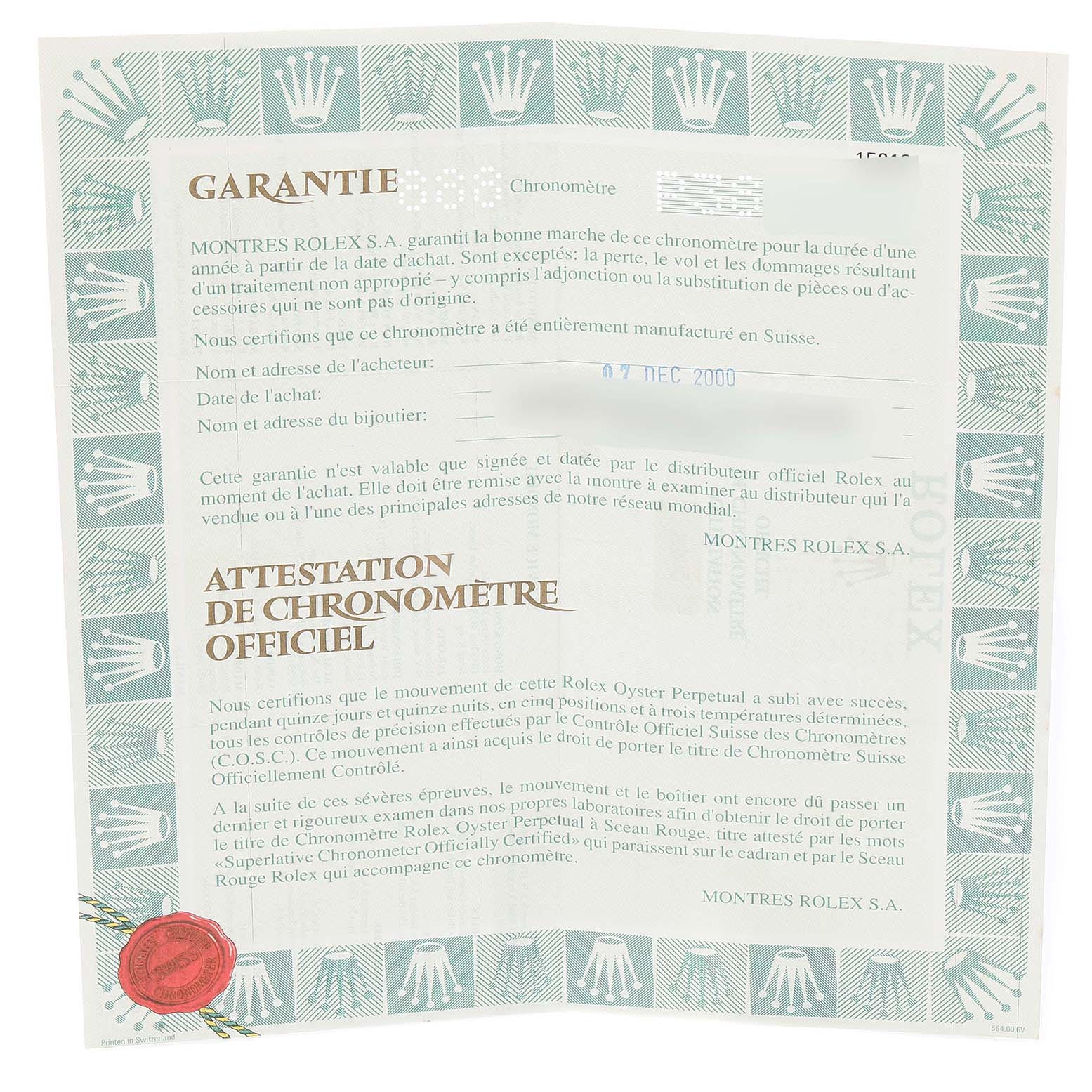 The image shows a warranty and certificate of authenticity document for a Rolex Date 15210 Men's Stainless Steel Pink Dial 15210 Men's Stainless Steel Pink Dial model watch.