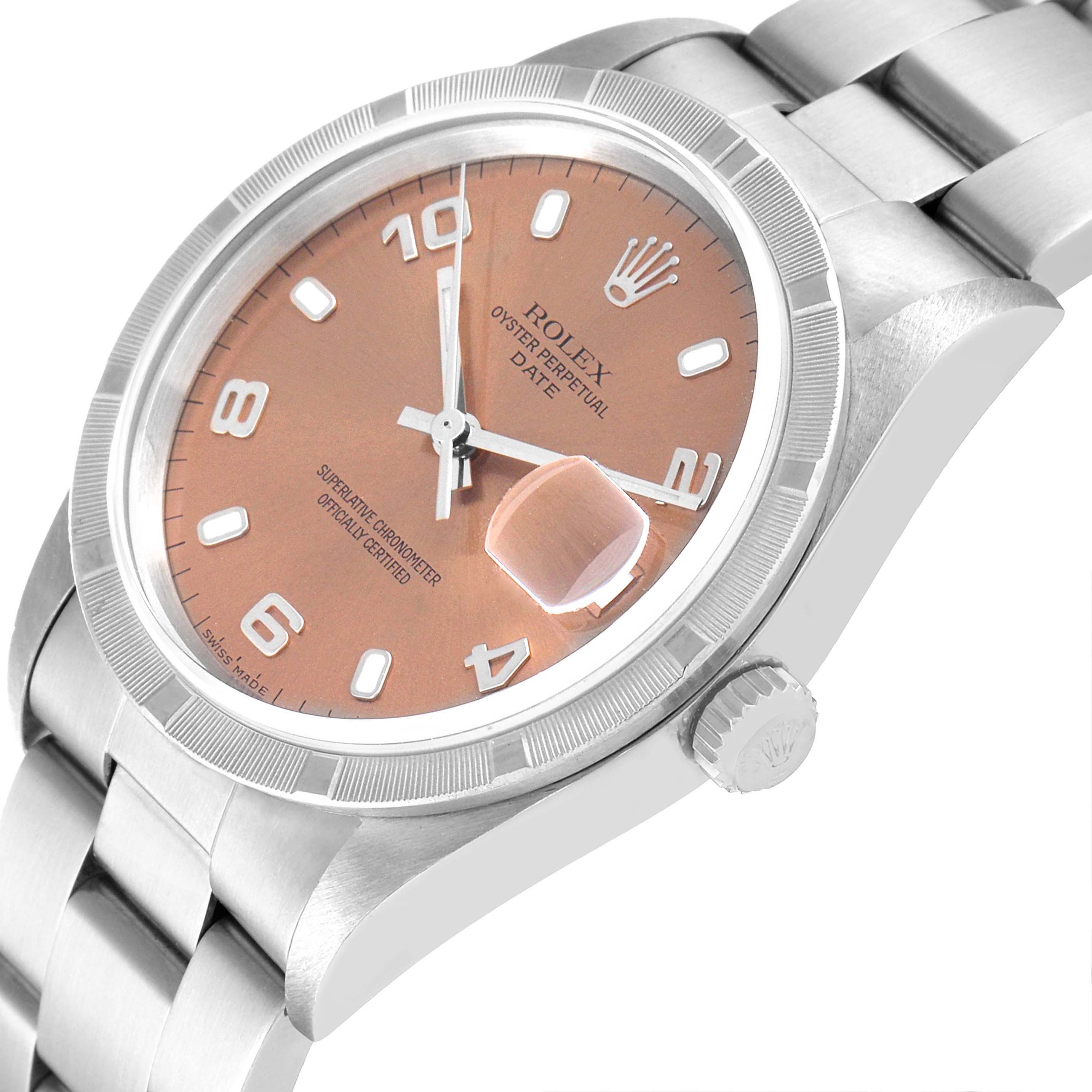 This image shows a front angled view of the Rolex Date 15210 Men's Stainless Steel Pink Dial 15210 Men's Stainless Steel Pink Dial model, highlighting the dial, bezel, bracelet, and crown.