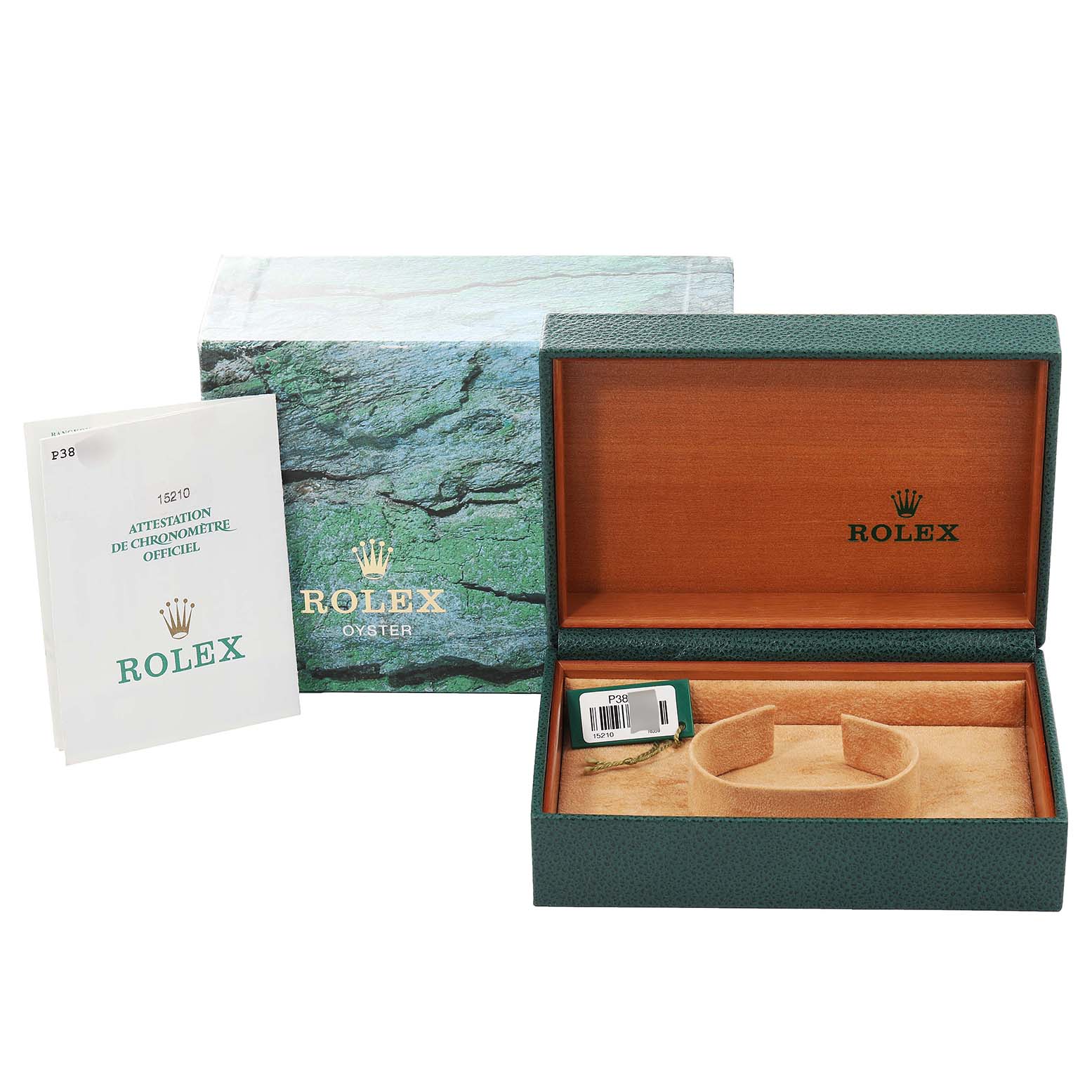 The image shows a Rolex Date 15210 Men's Stainless Steel Pink Dial 15210 Men's Stainless Steel Pink Dial model watch box, outer box, and official chronometer certification paper.